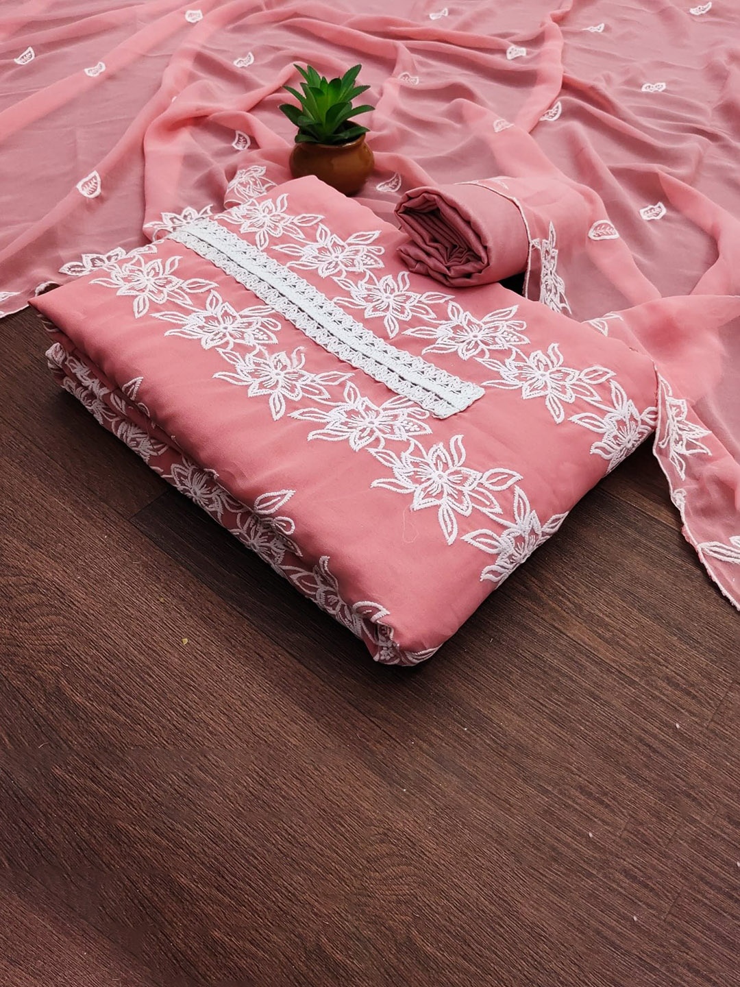 

ZEEPKART Silk Georgette Unstitched Dress Material, Pink