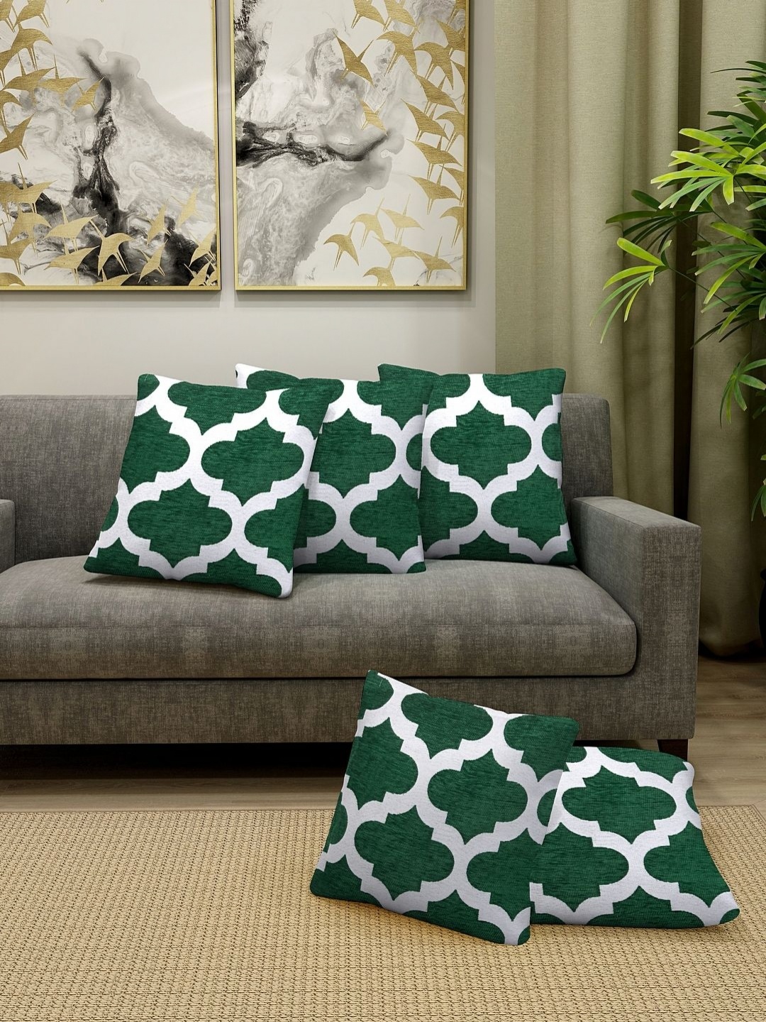 

Aura Green & White 5 Pieces Ethnic Motifs Printed Cotton Square Cushion Covers