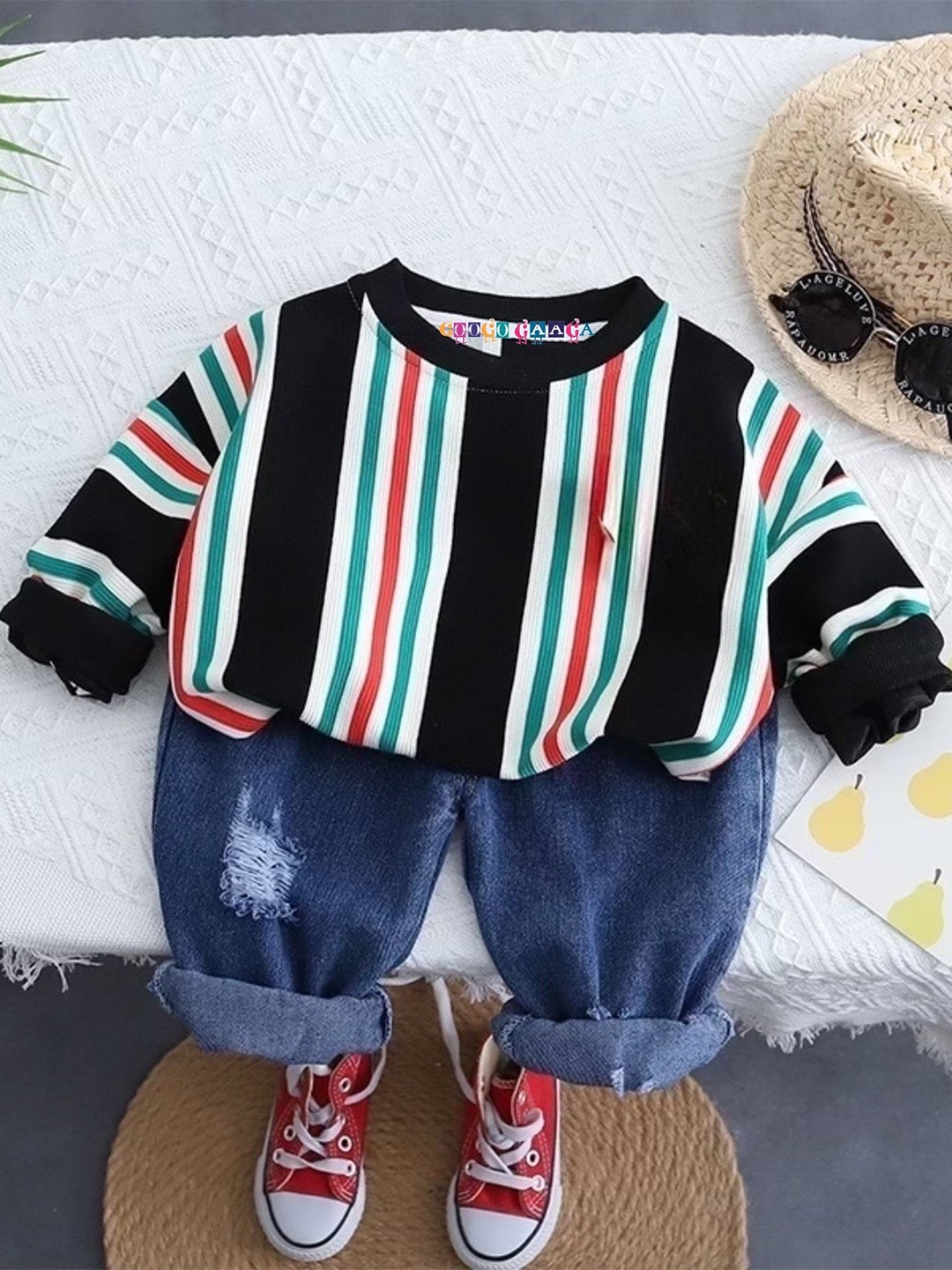 

Googo Gaaga Boys Striped Pure Cotton T-shirt With Trousers, Black