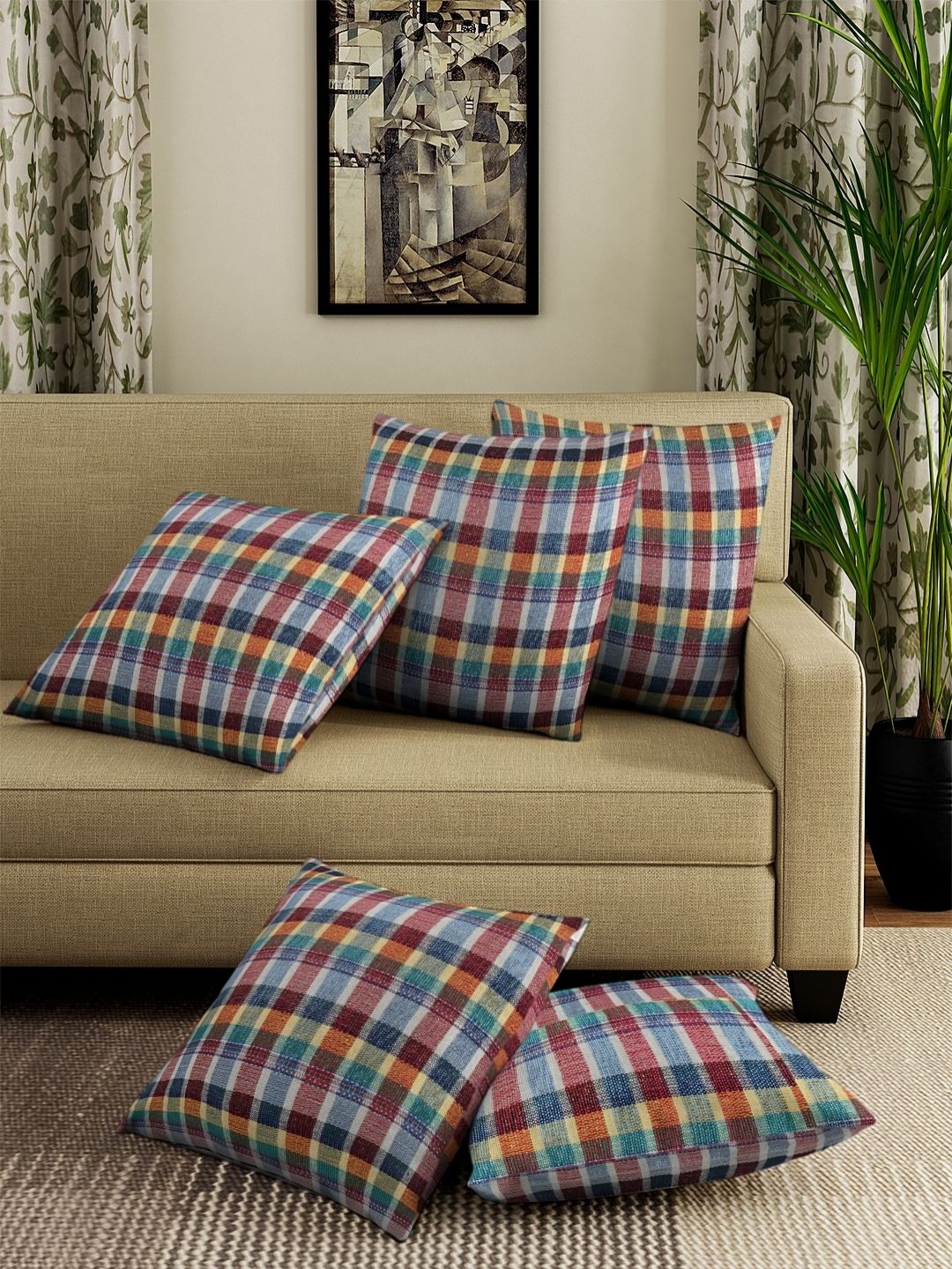

Aura Multicoloured 5 Pieces Checked Cotton Square Cushion Covers, Red