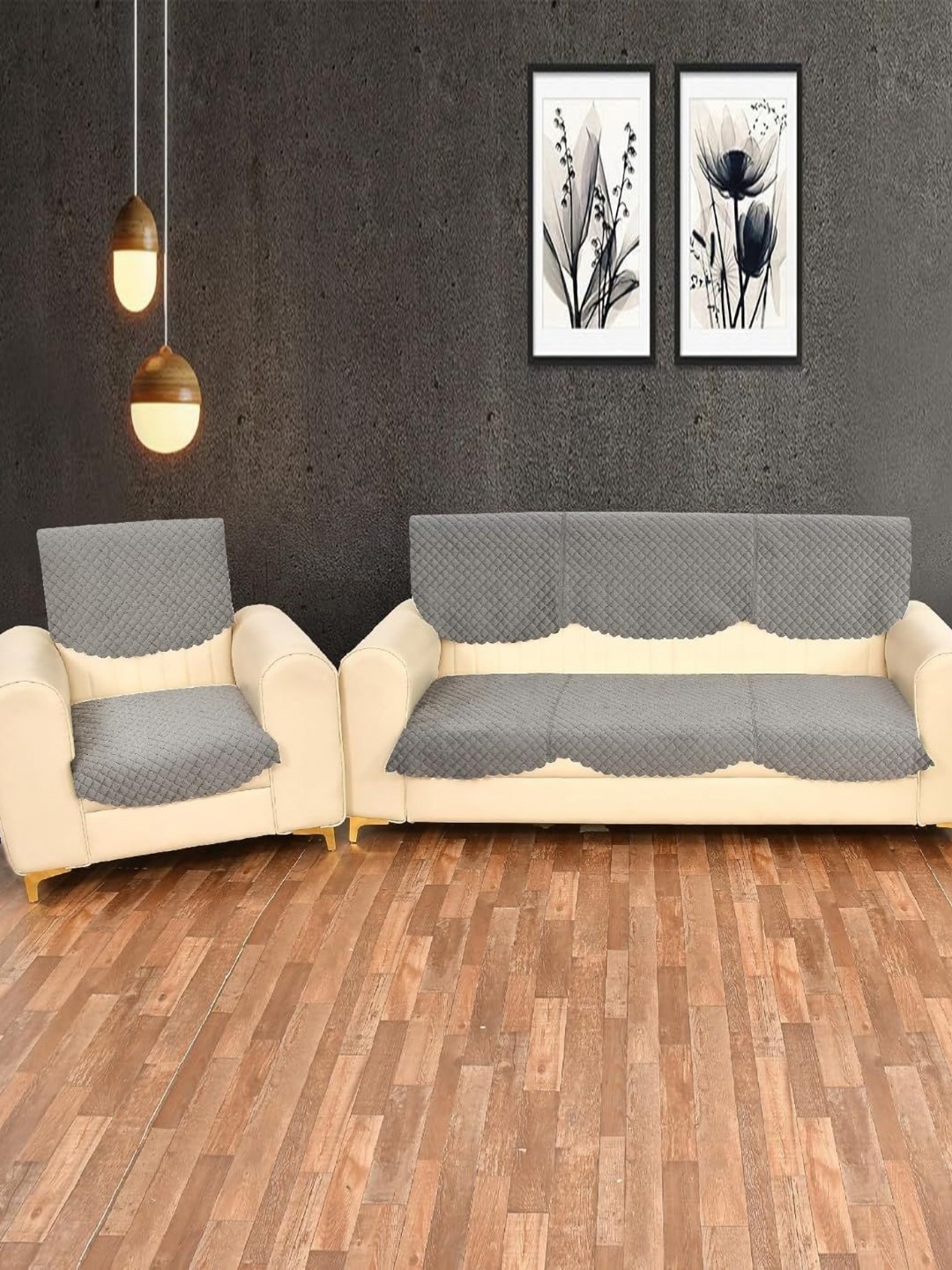 

Bajo's Grey 4 Pieces Checked Velvet 5 seater Sofa Cover