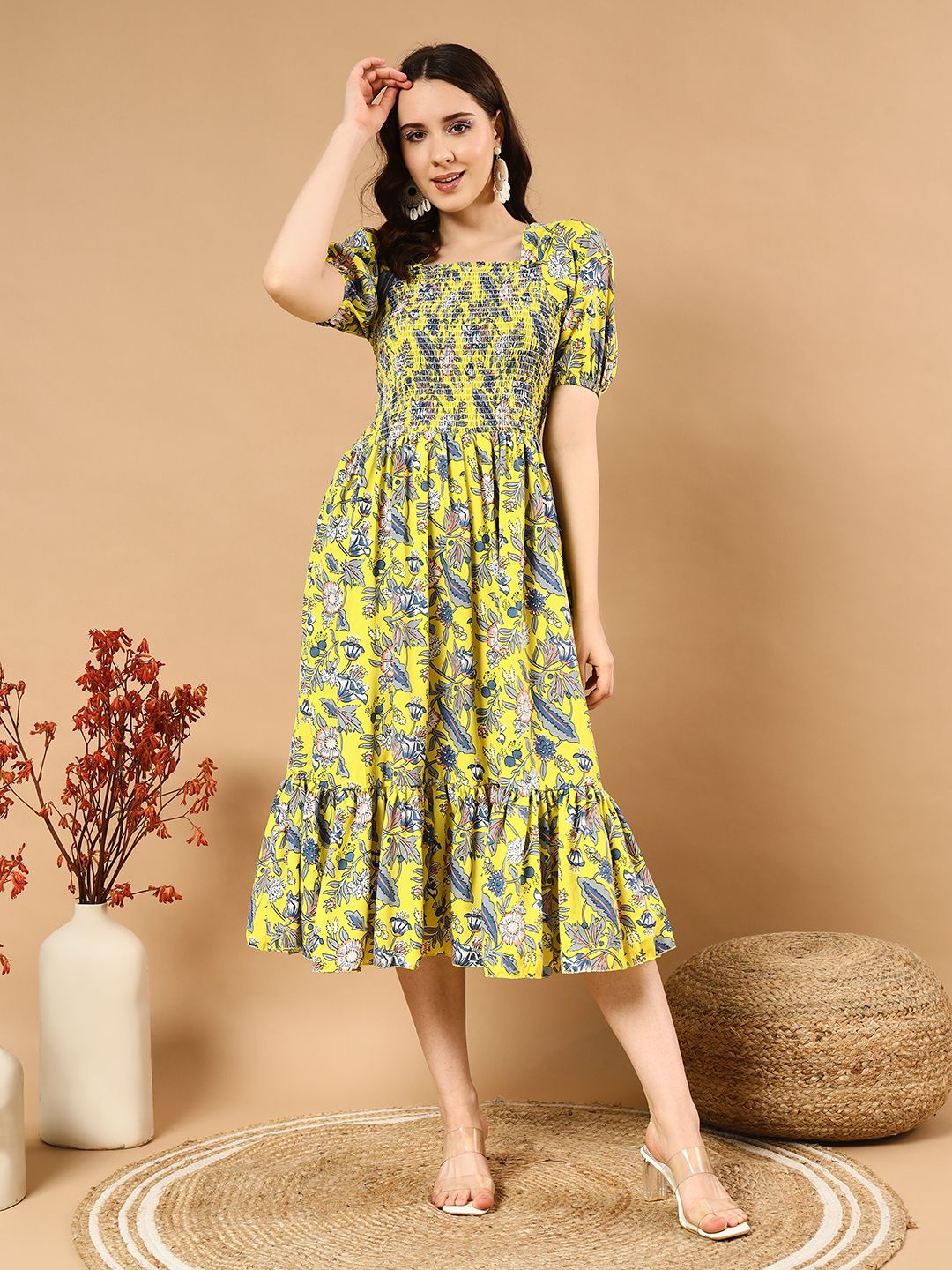 

STARWORD Women Floral Printed Fit & Flare Dress, Yellow