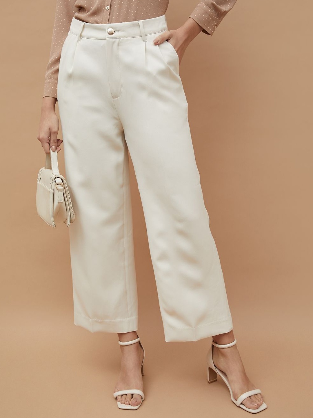 

CODE by Lifestyle Women Regular Fit Mid-Rise Pleated Parallel Trousers, Off white