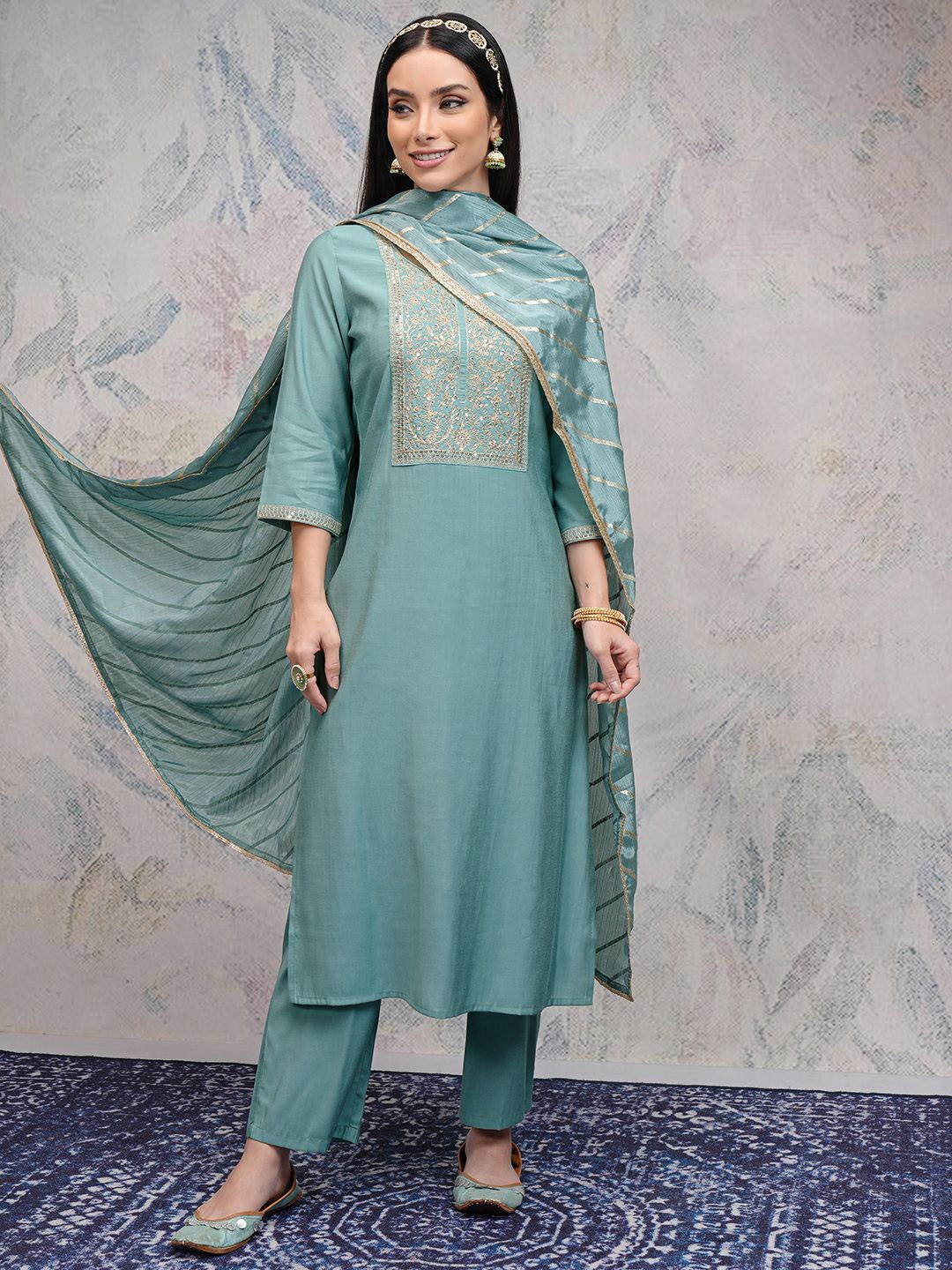 

Vishudh Women Floral Yoke Design Regular Sequinned Kurta with Palazzos & With Dupatta, Sea green