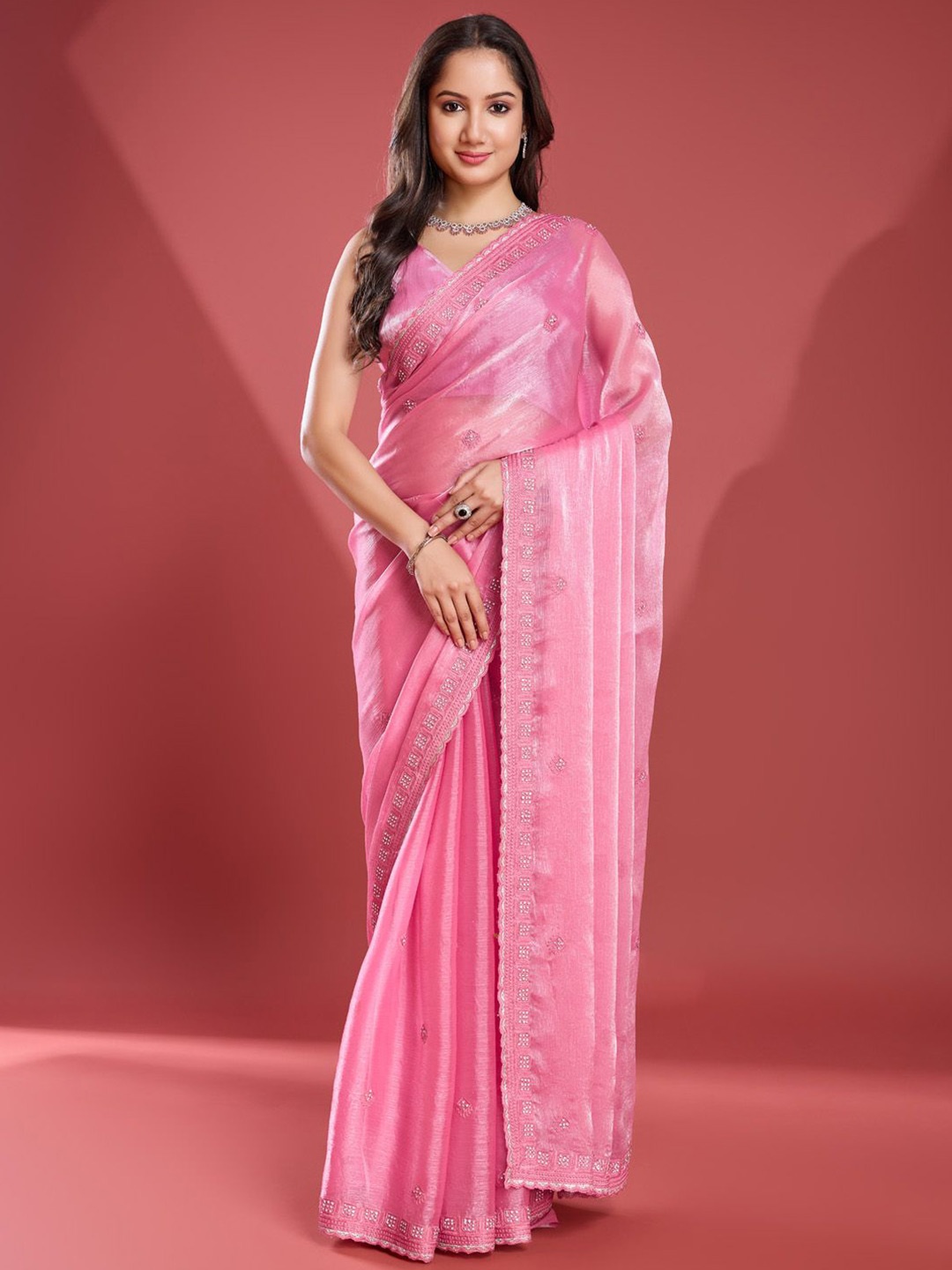 

Meena Bazaar Sequin Embroidered Organza Saree, Pink