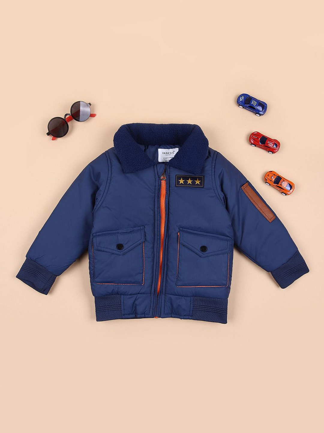 

V-Mart Boys Quilted Jacket with Patchwork, Navy blue