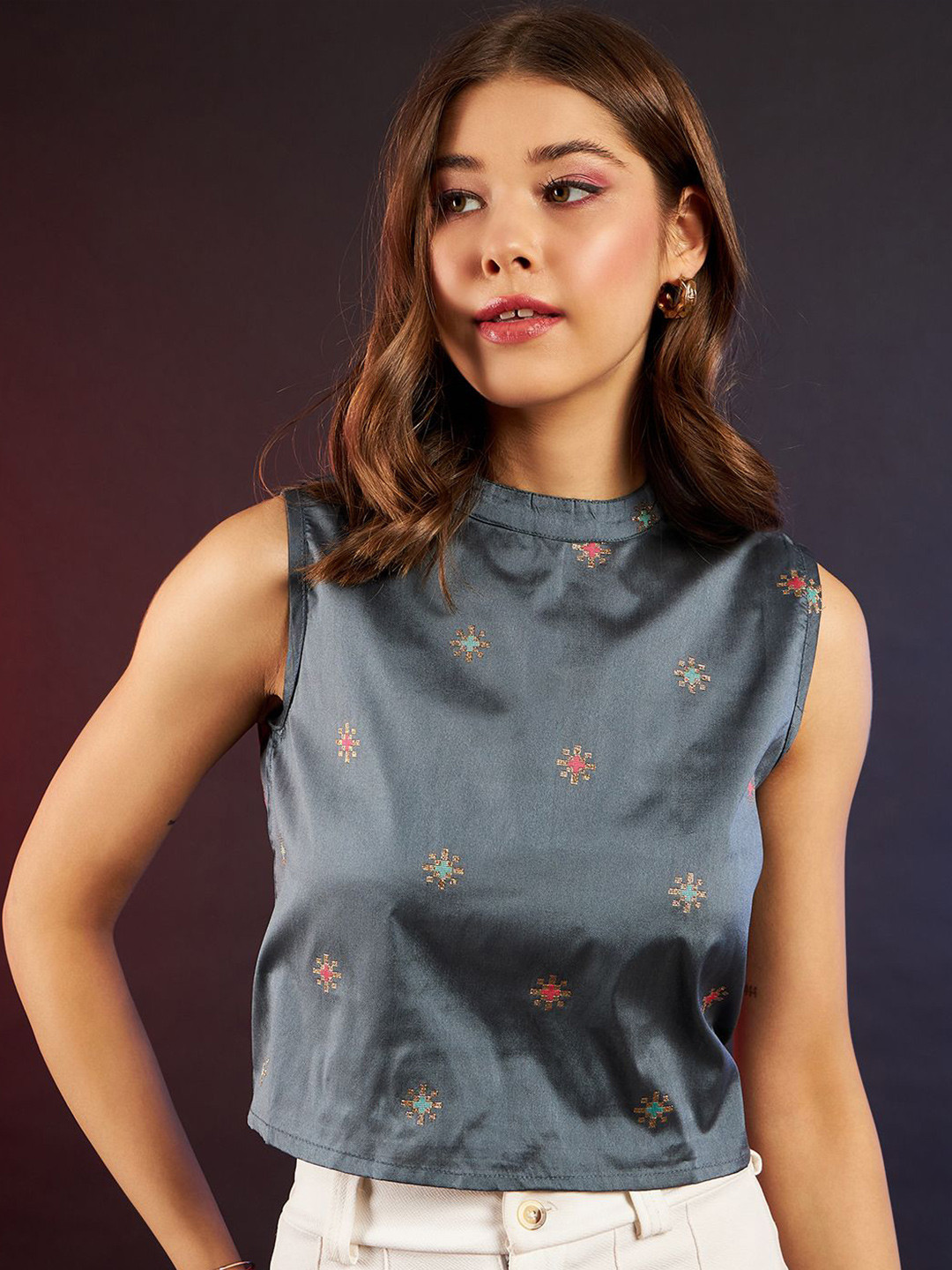 

DressBerry Women Printed Crepe Crop Top, Grey
