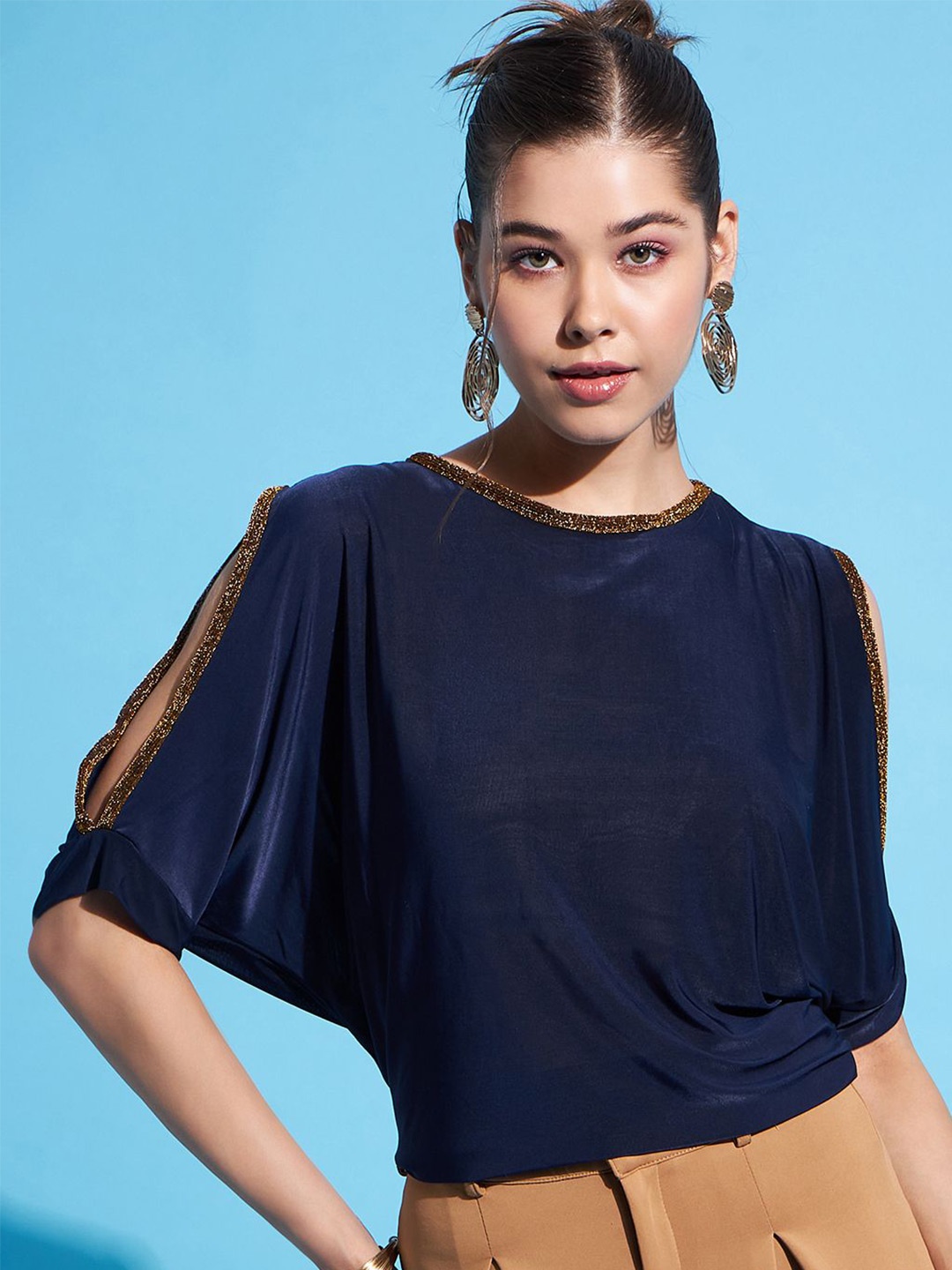 

DressBerry Women Slit Sleeve Crop Top, Navy blue