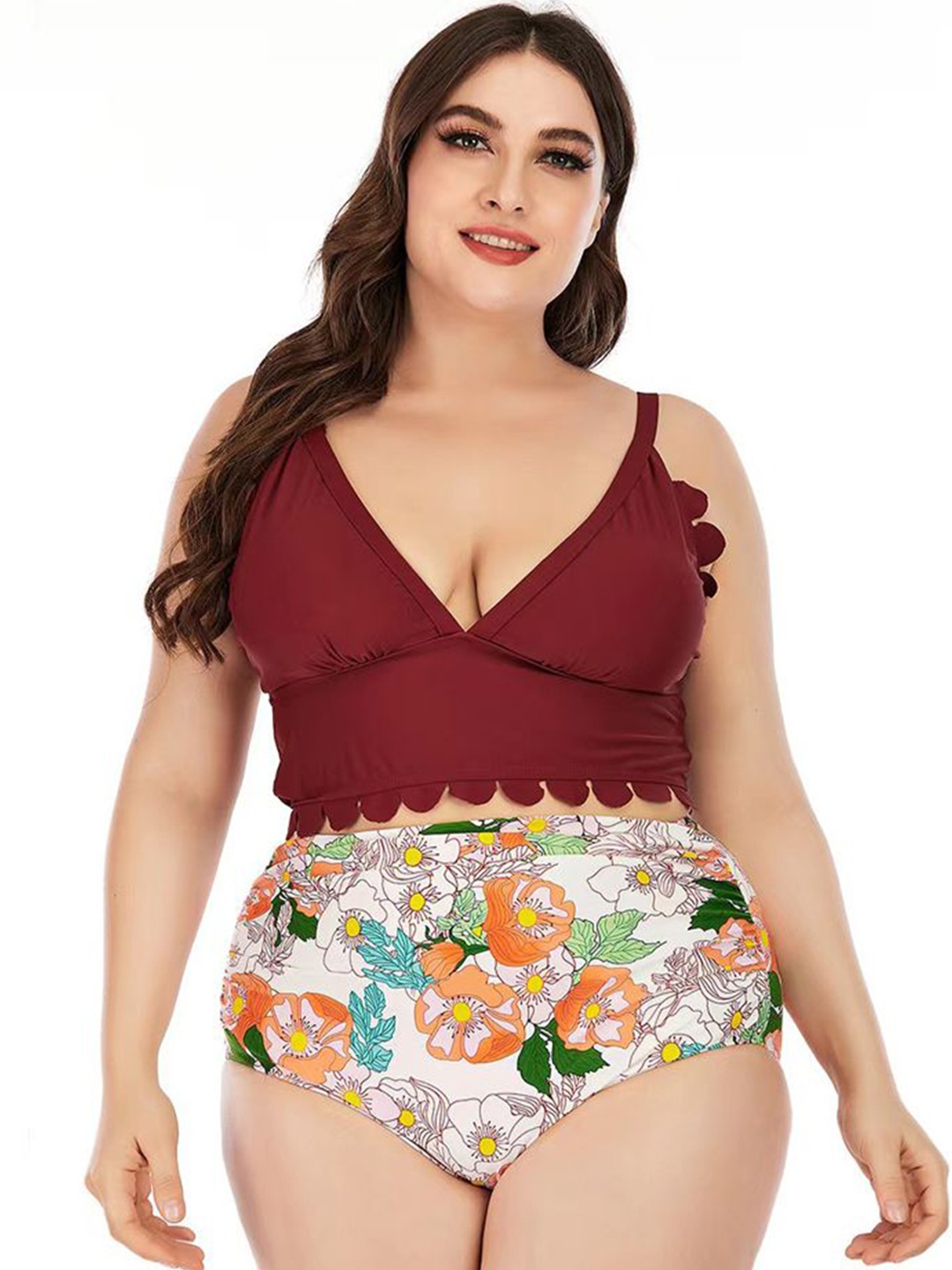 

Plus Curvves Women Plus Size Printed Two Piece Swim Set, Maroon