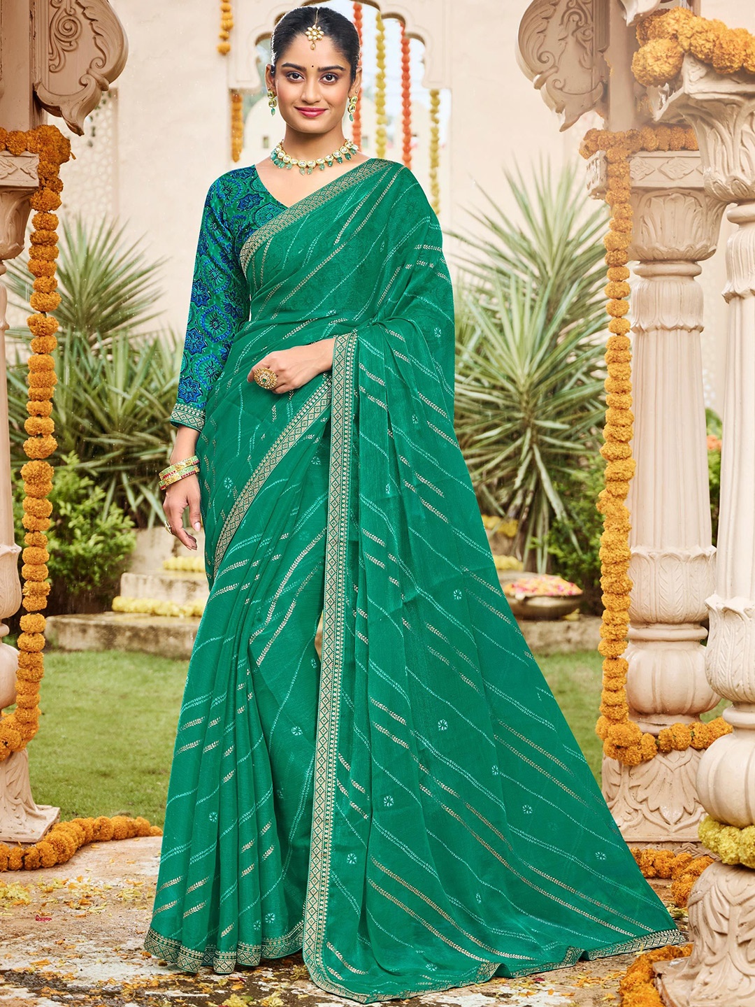 

Laxmipati Striped Zari Poly Chiffon Designer Saree, Green