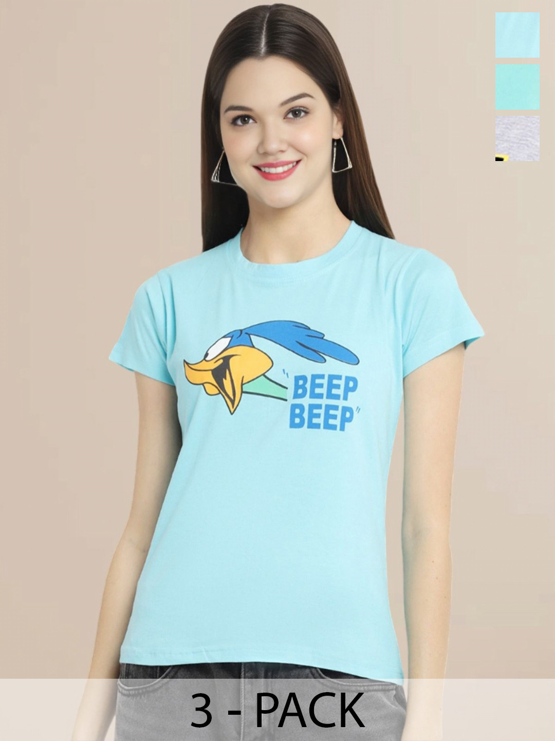 

Metronaut Women Pack Of 3 Typography Printed Round Neck Cotton Looney Tunes T-shirts, Grey