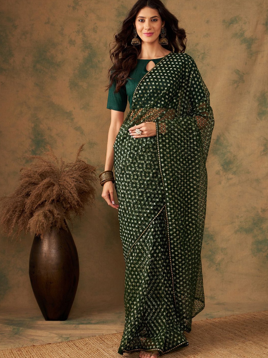 

Suha Woven Design Gotta Patti Supernet Saree, Olive