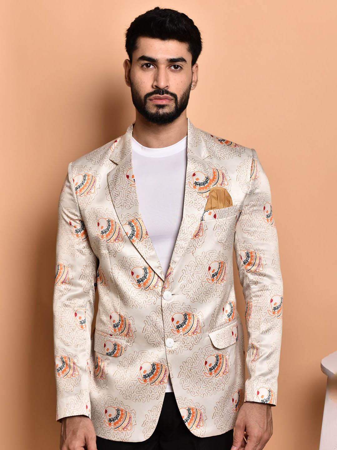 

PRINTINDIA Printed Notched Lapel Single Breasted Formal Blazer, Off white