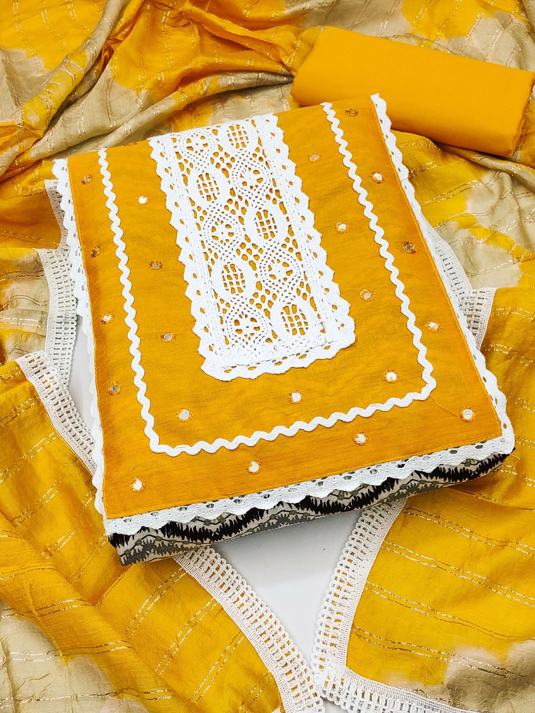 

Maroosh Embellished Unstitched Dress Material, Mustard