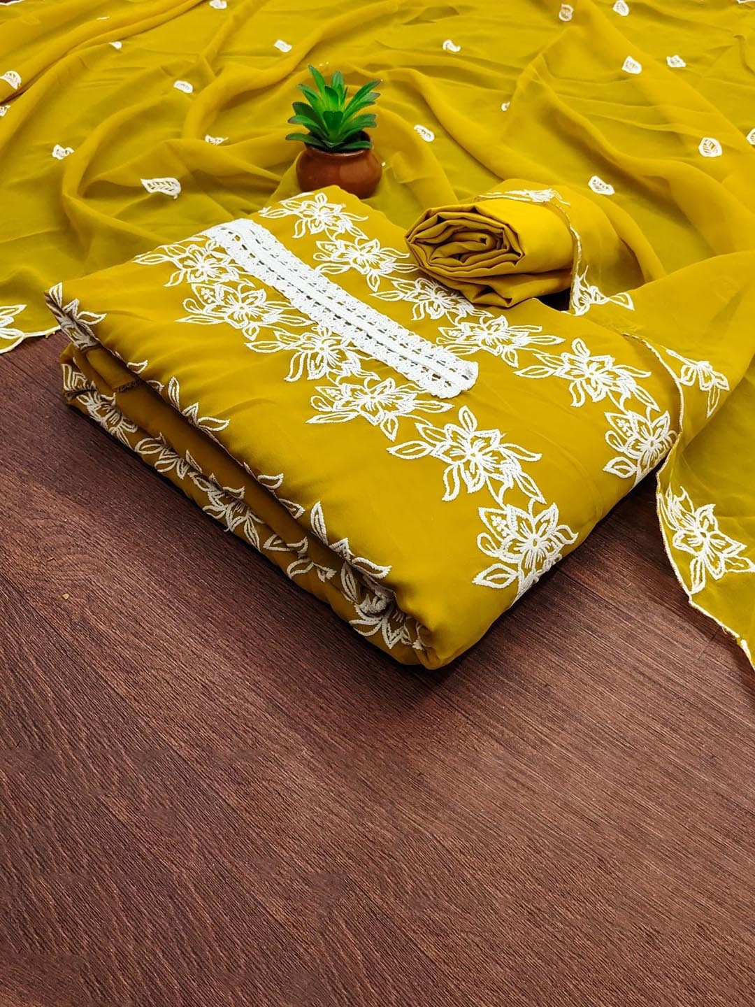 

ZEEPKART Silk Georgette Unstitched Dress Material, Mustard