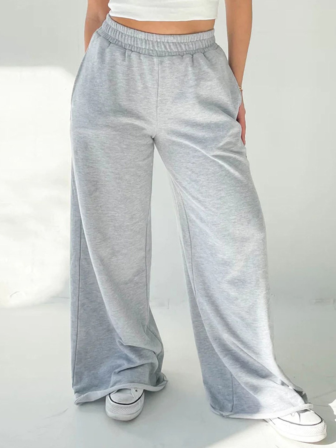 

LULU & SKY Women Cotton Loose Fit High-Rise Trousers, Grey