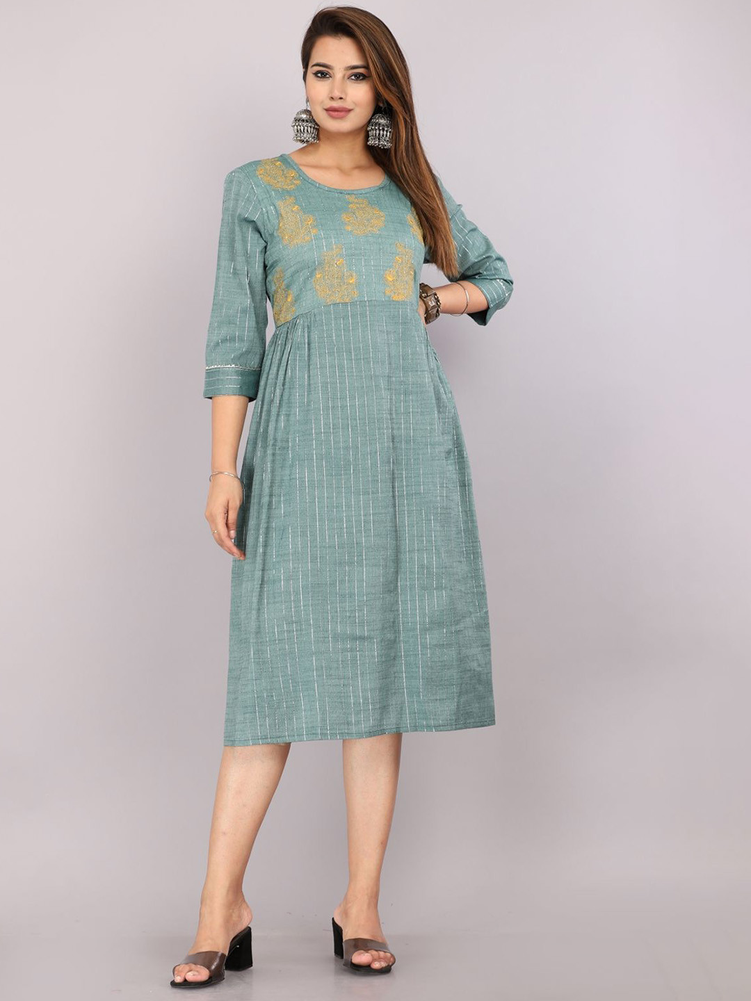 

Mehsoos Women Striped Patchwork Anarkali Kurta, Green