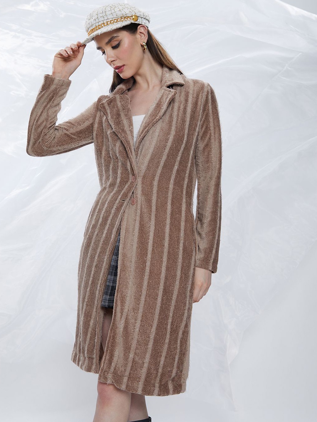 

Campus Sutra Women Striped Regular Fit Single-Breasted Long Coat, Brown