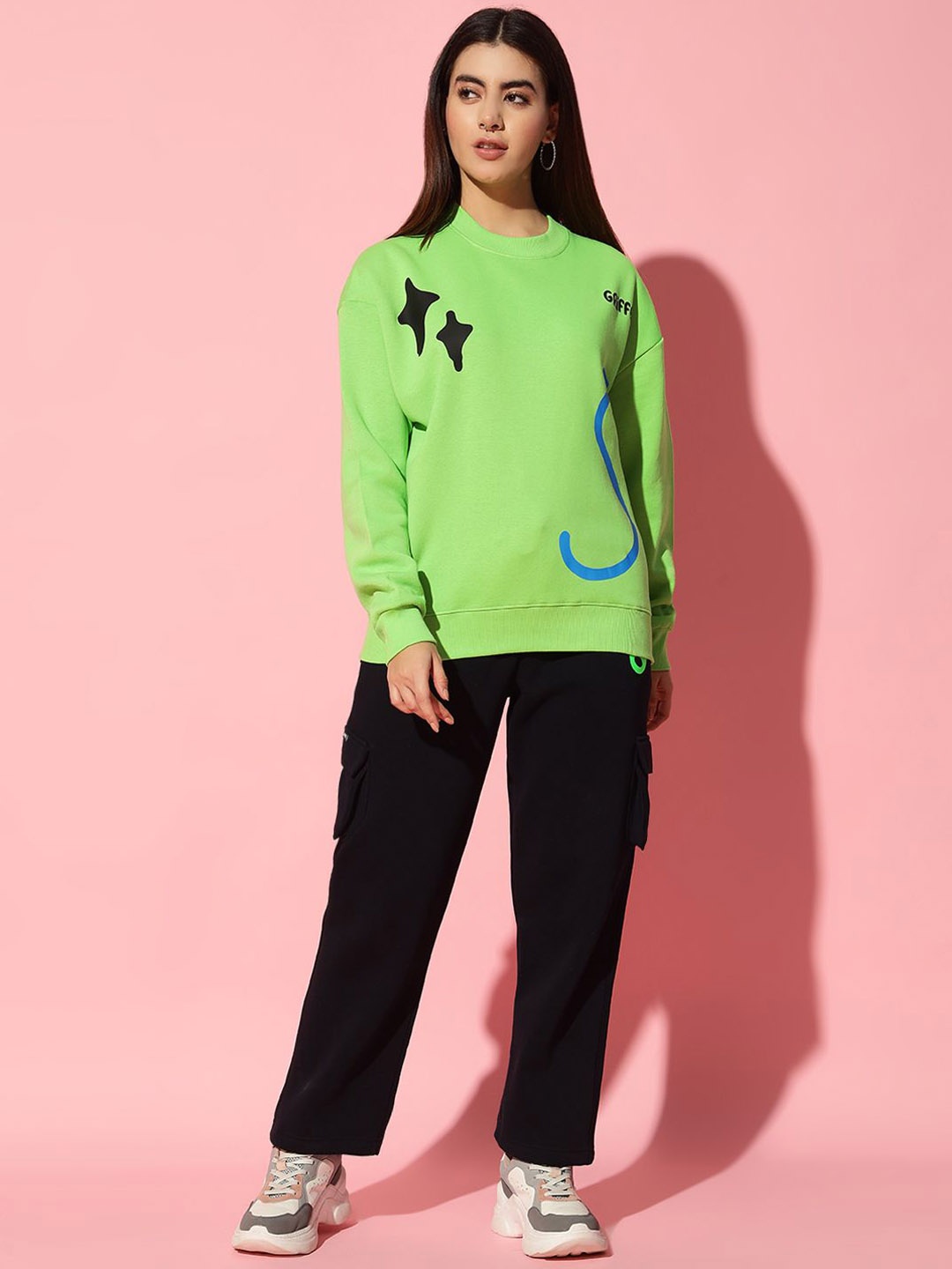 

GRIFFEL Women Printed Sweatshirt With Trousers Co-Ords, Lime green