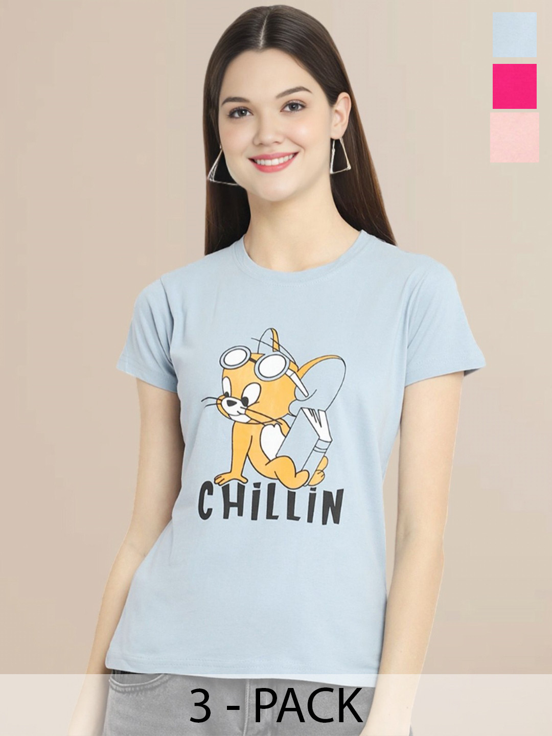 

Metronaut Women Pack Of 3 Typography Printed Round Neck Cotton Tom & Jerry T-shirts, Pink