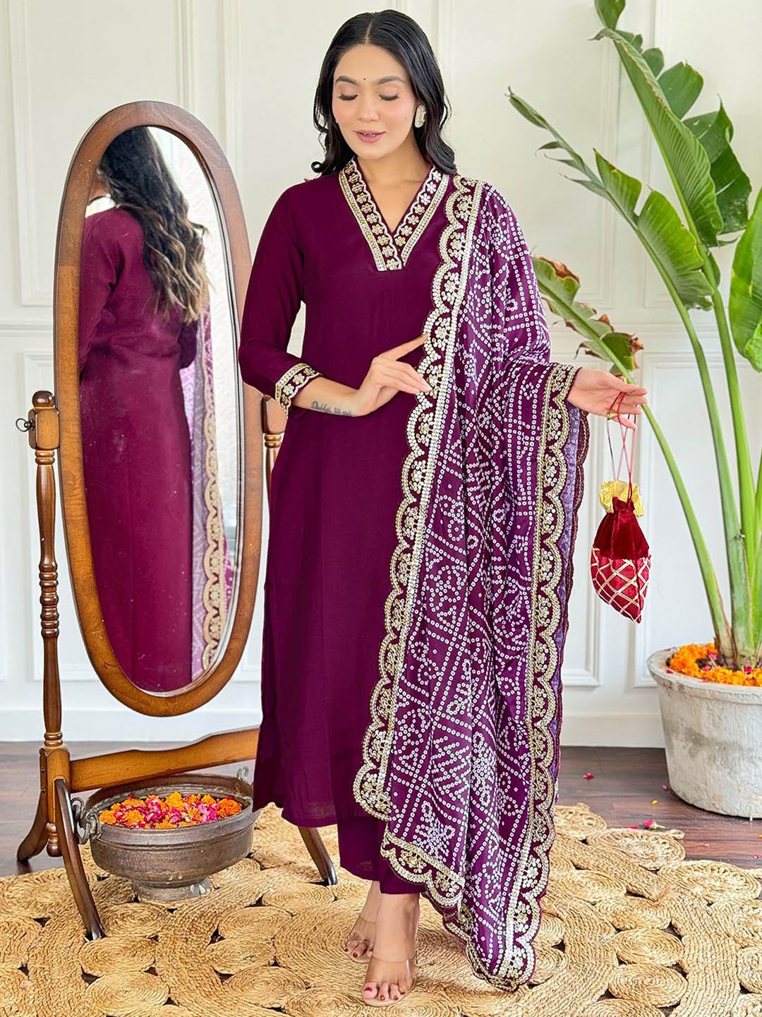 

KALINI Women Bandhani Embroidered Regular Thread Work Kurta with Trousers & With Dupatta, Purple