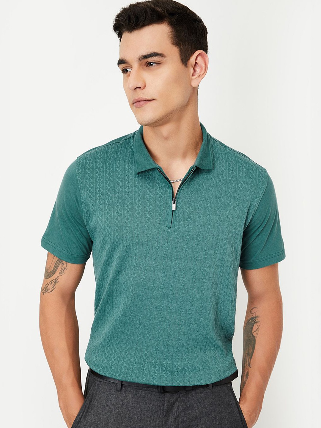 

max Men Printed Polo Collar Pockets T-shirt, Green