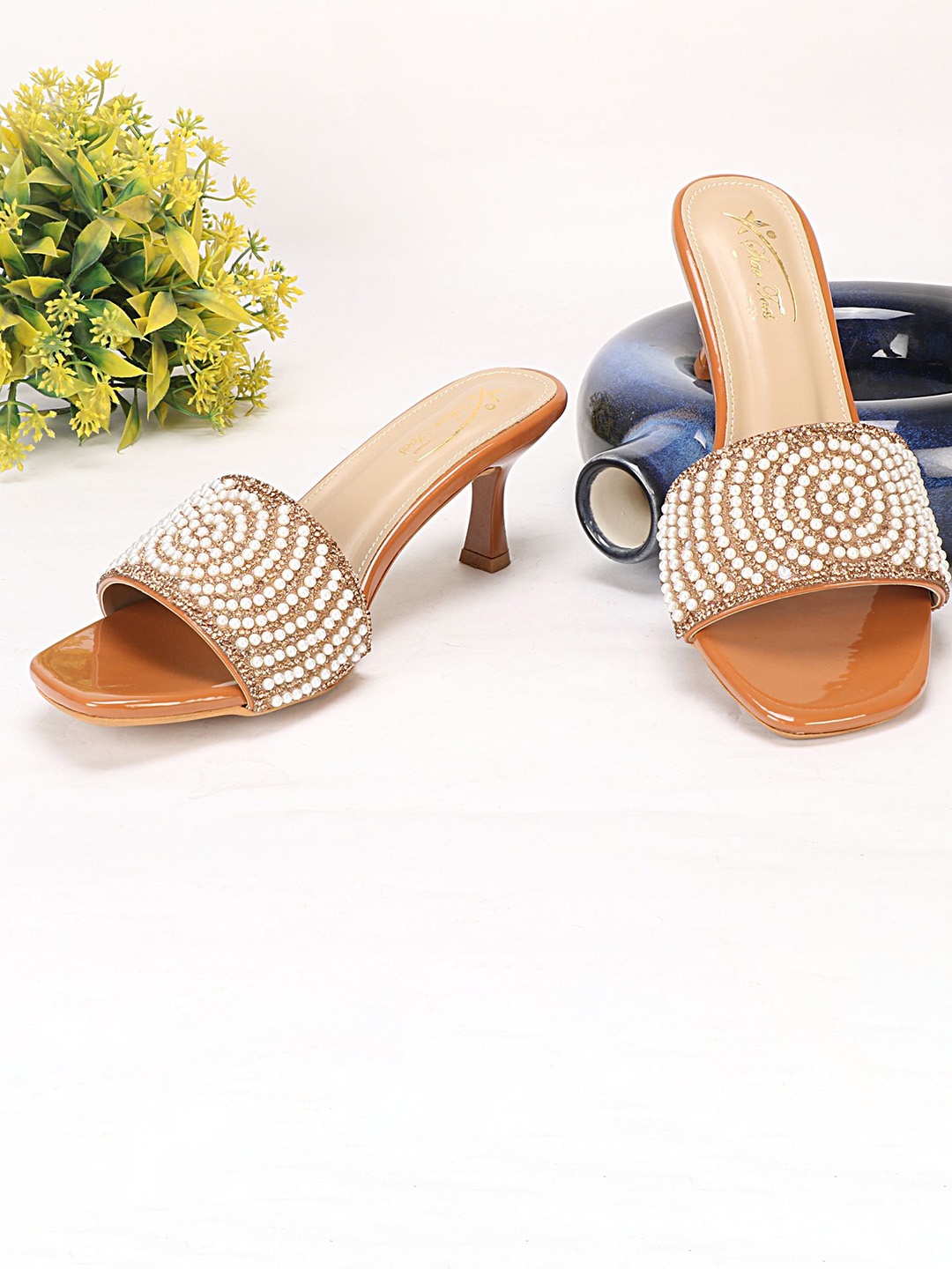 

STARTOES Embellished Party Block Sandals, Tan