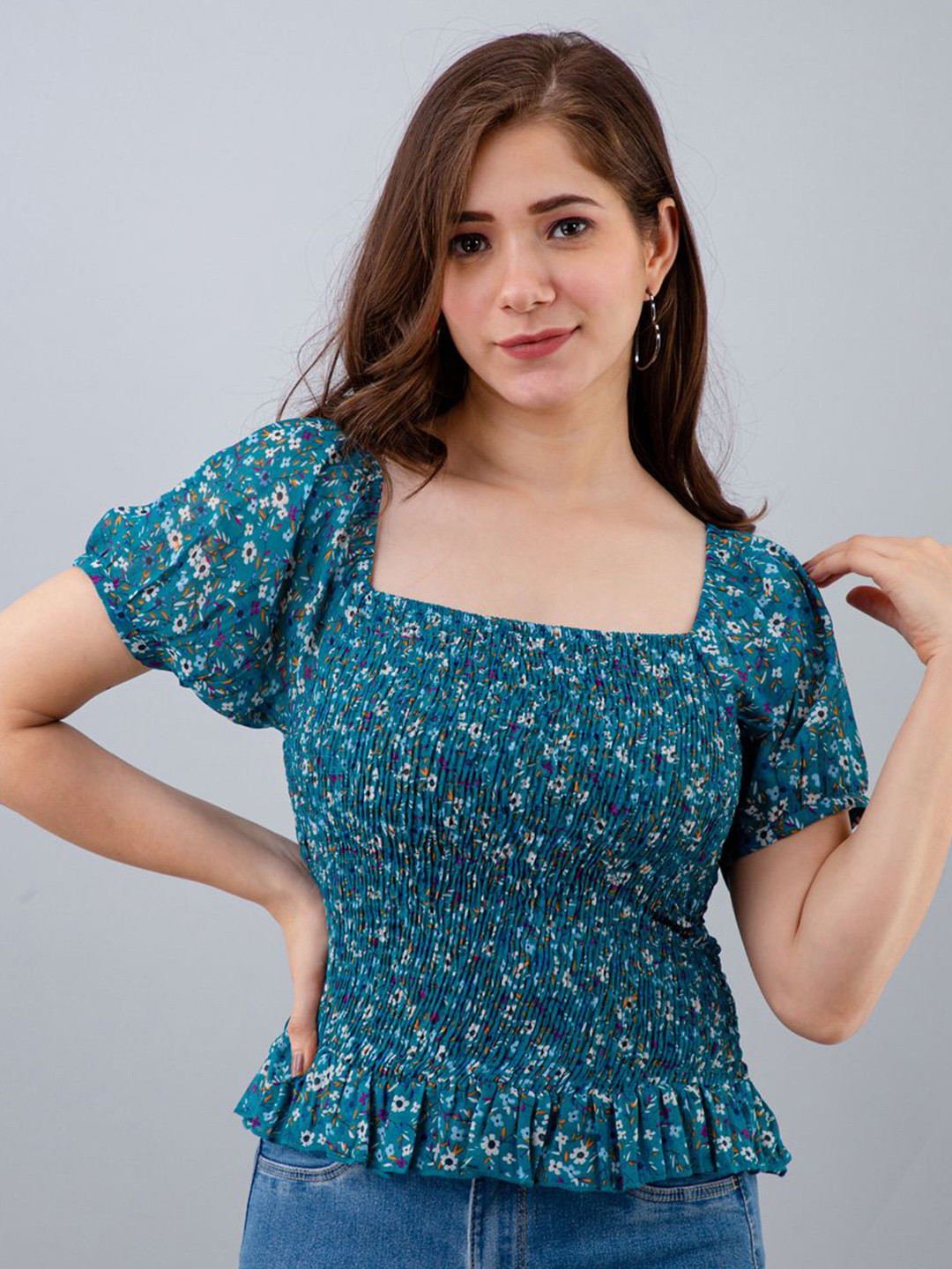 

all about you Floral Print Puff Sleeve Cinched Waist Crop Top, Blue