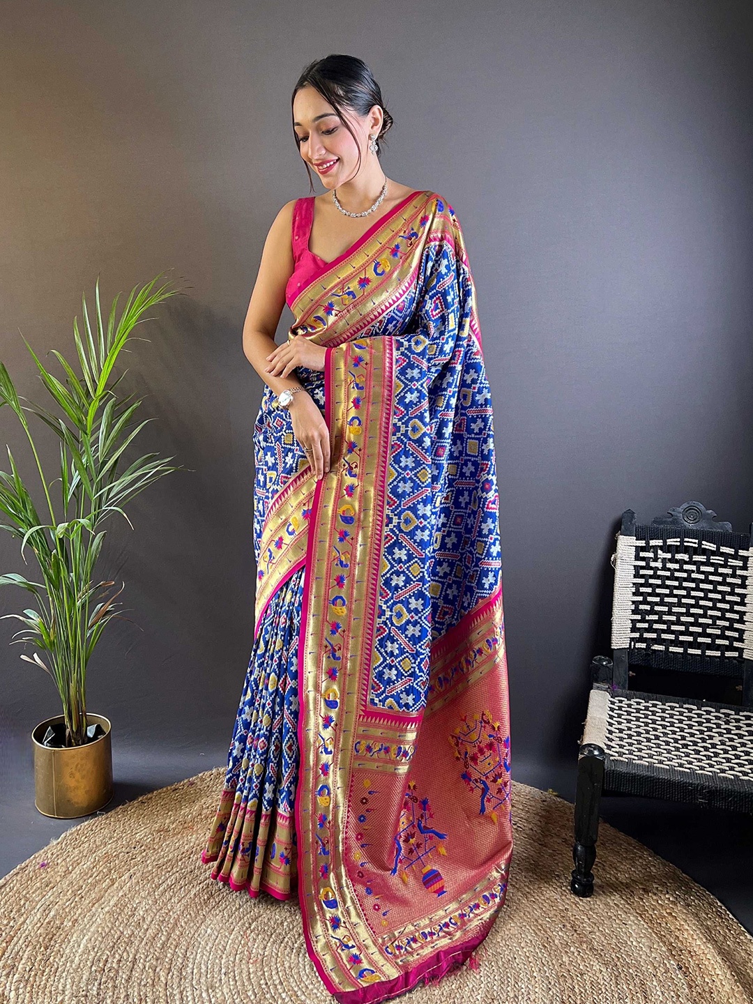 

Mitera Woven Design Zari Silk Blend Designer Patola Saree, Blue