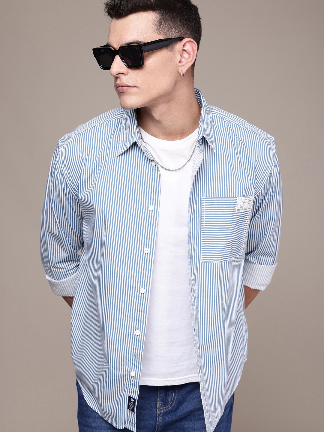 

The Roadster Life Co. Pure Cotton Relaxed Fit Striped Casual Shirt, Blue