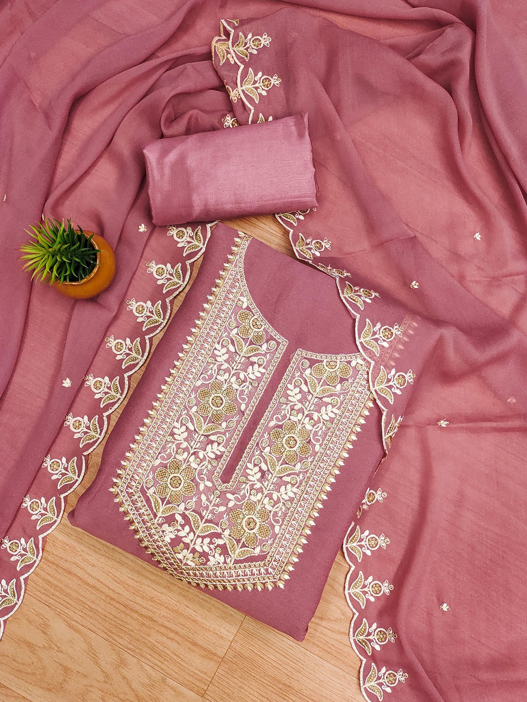 

KALINI Embroidered Silk Georgette Unstitched Dress Material, Pink