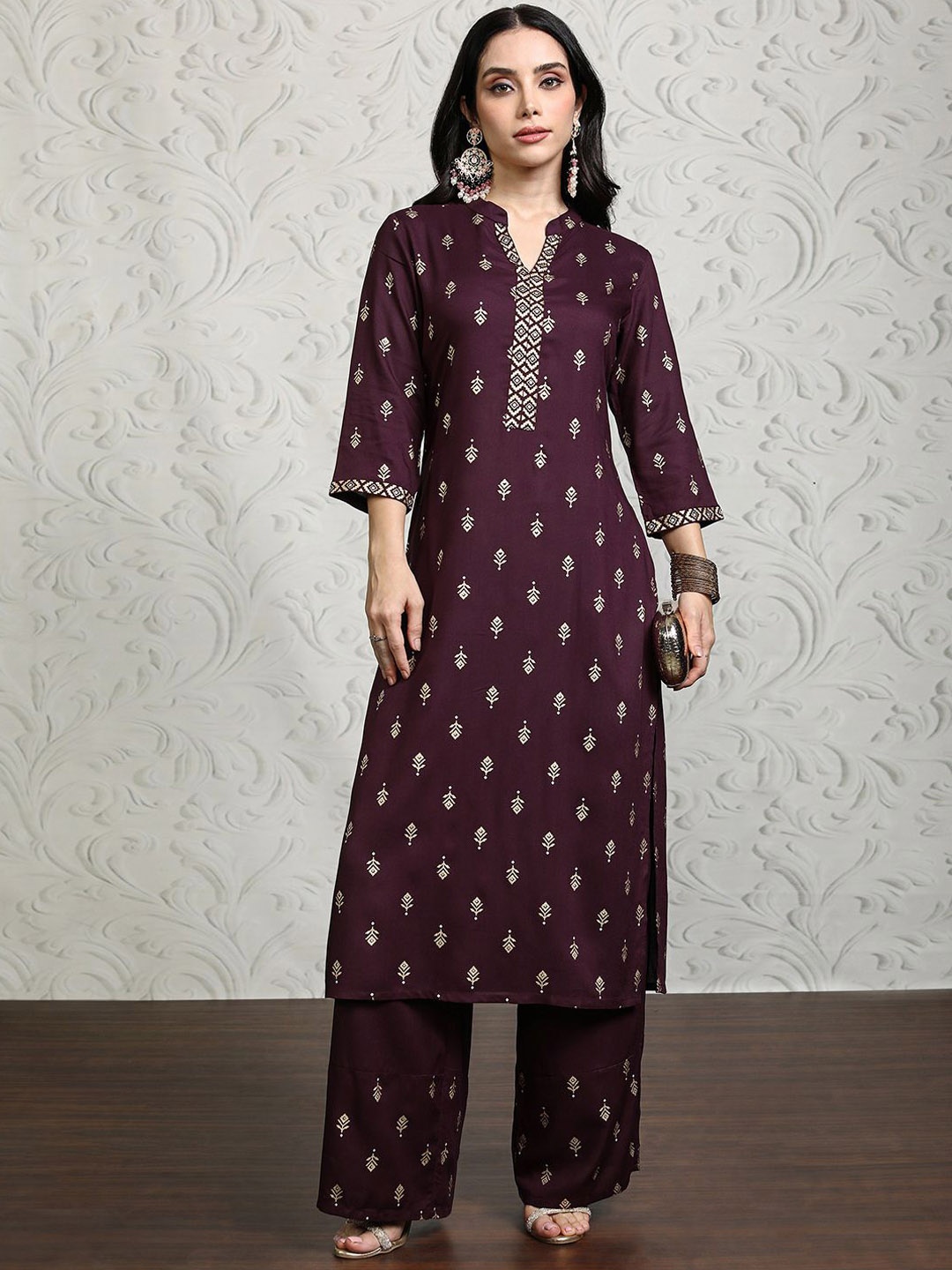 

Vishudh Women Ethnic Motifs Printed Regular Kurta with Palazzos, Maroon