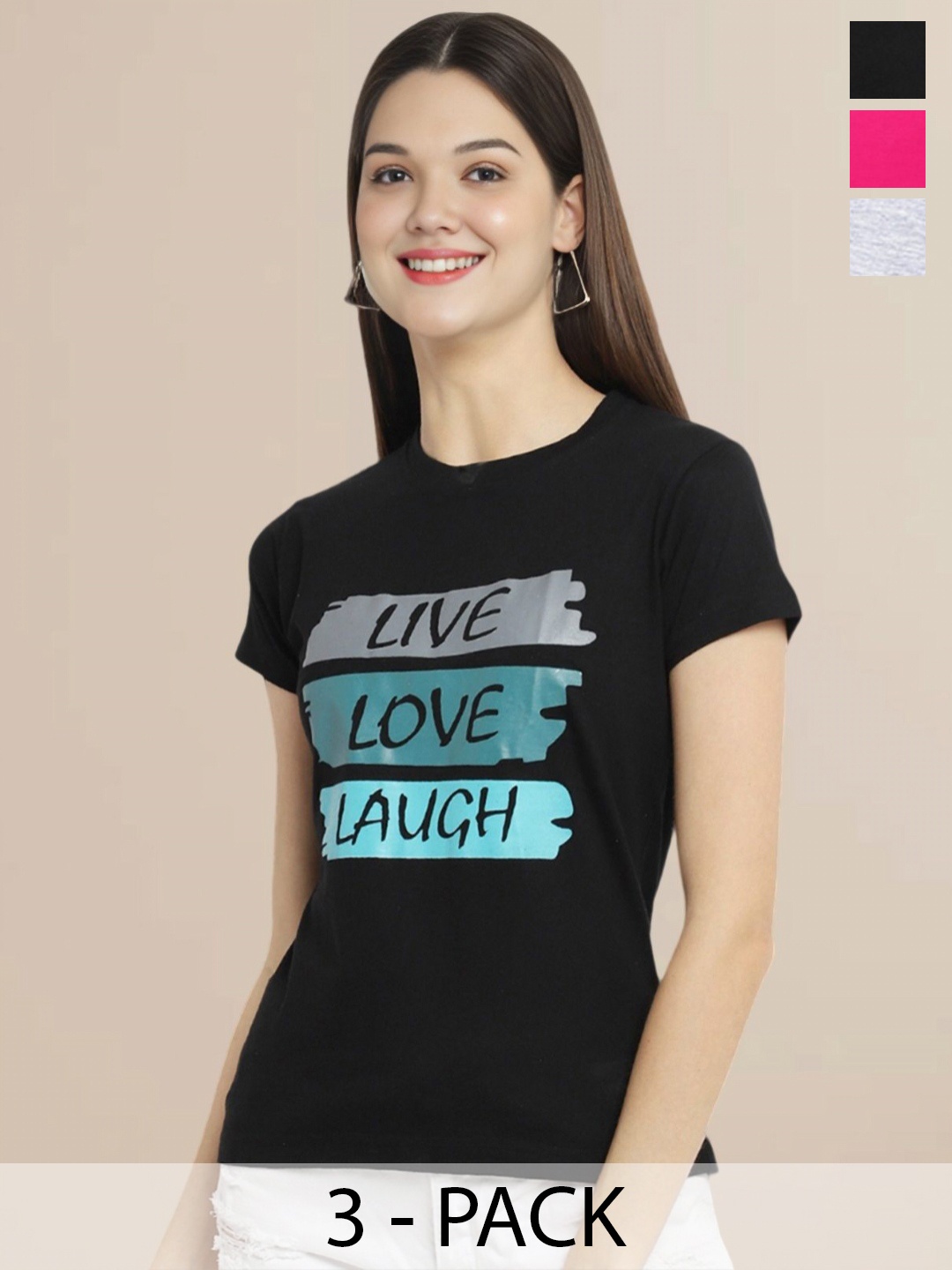 

Metronaut Women Pack Of 3 Typography Printed Round Neck Cotton T-shirts, Pink