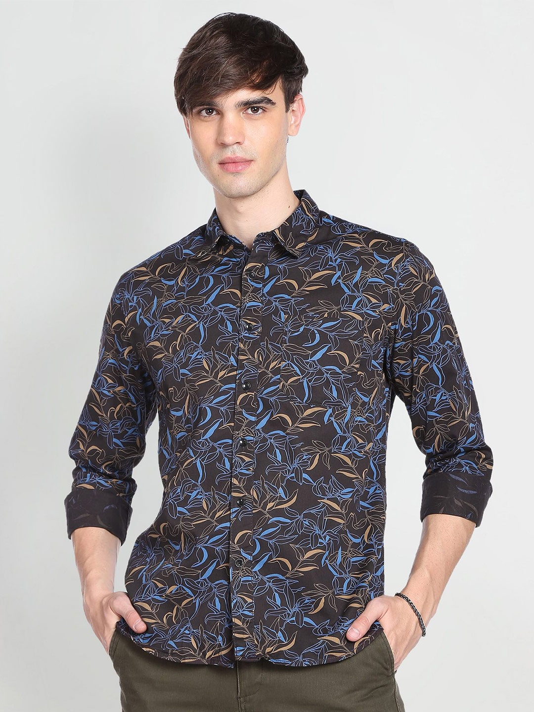 

Flying Machine Floral Printed Long Sleeves Pure Cotton Casual Shirt, Brown