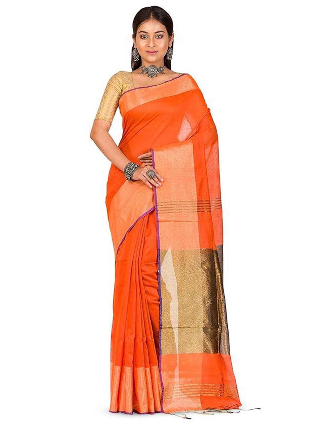

RAJ SAREE HOUSE Pure Cotton Woven Design Zari Taant Saree, Orange