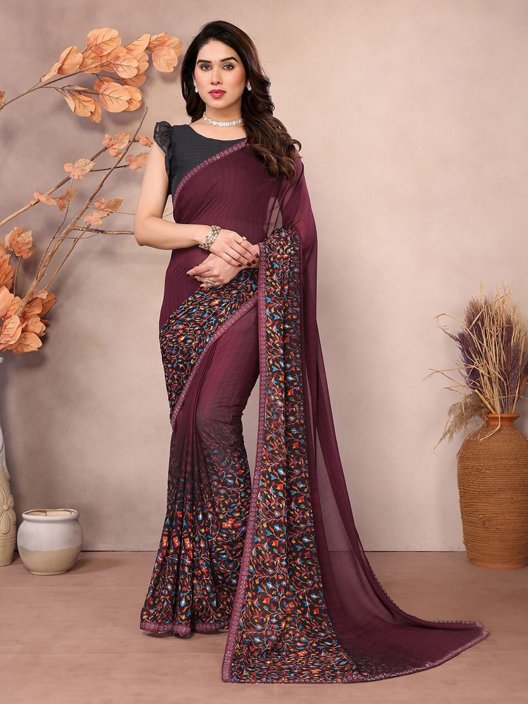 

ANAND SAREES Floral Mukaish Pure Georgette Saree, Brown