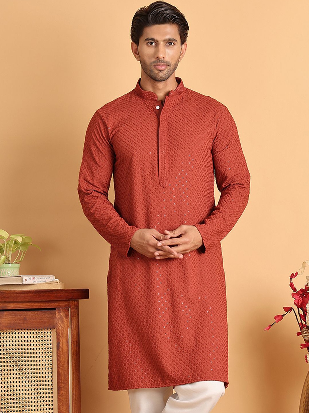 

Jompers Men Geometric Embroidered Sequinned Kurta, Rust