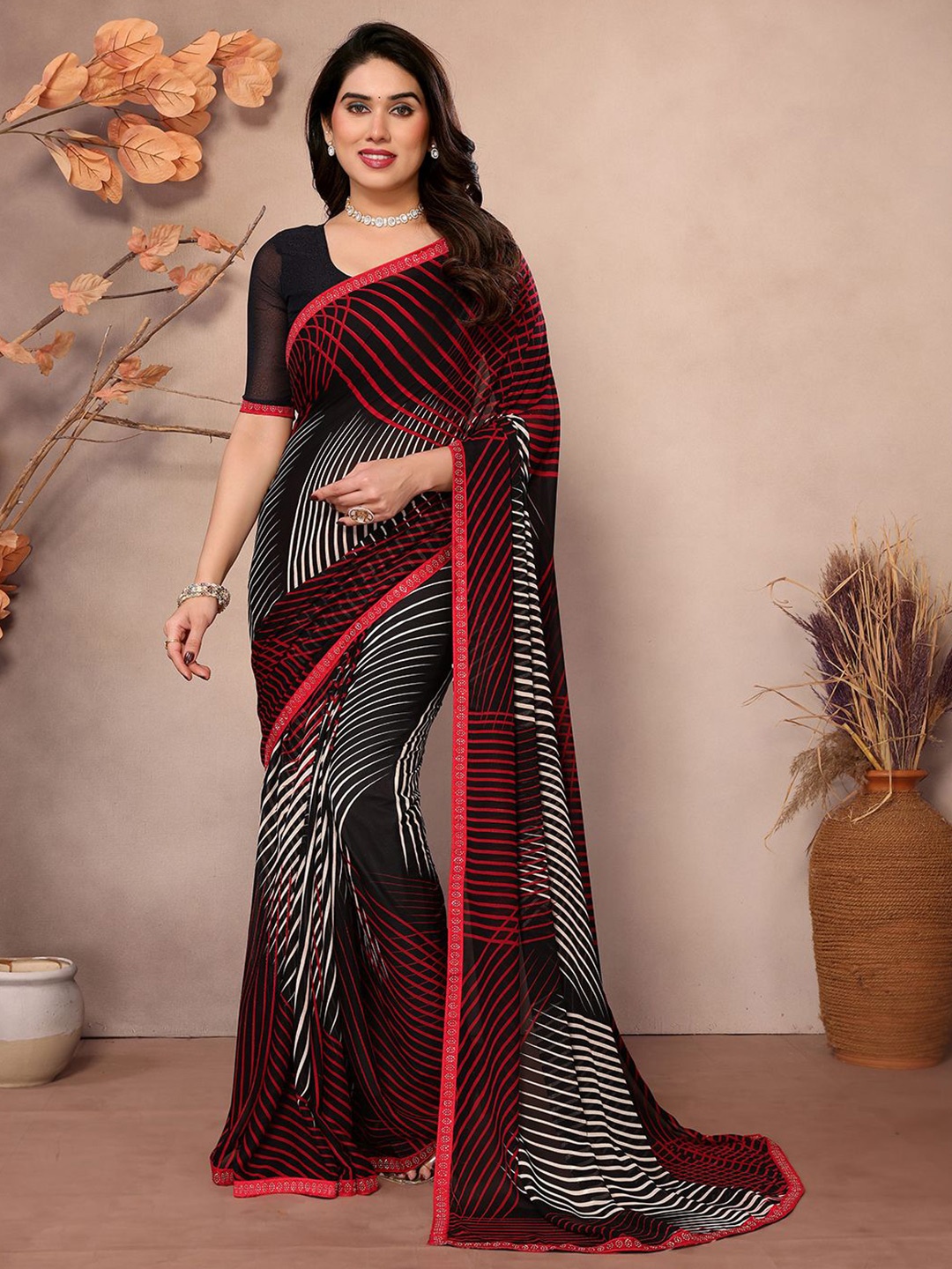 

ANAND SAREES Floral Beads and Stones Pure Georgette Saree, Black