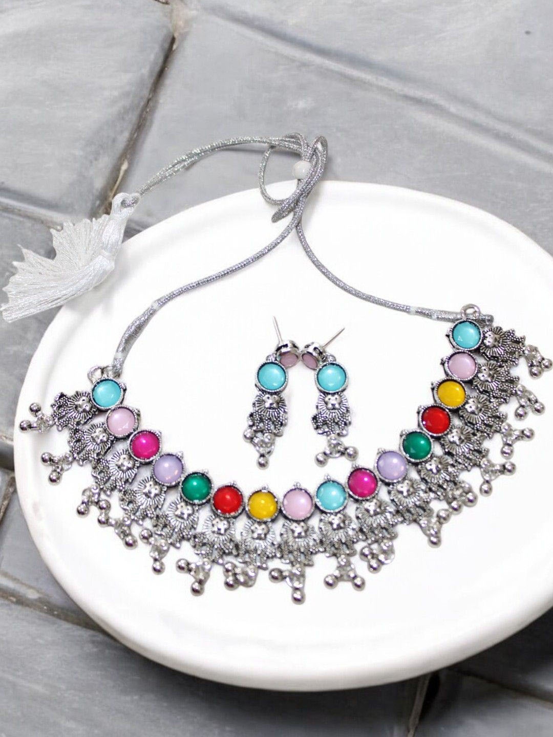 

Jolly Faces Stone-Studded Jewellery Set, Silver