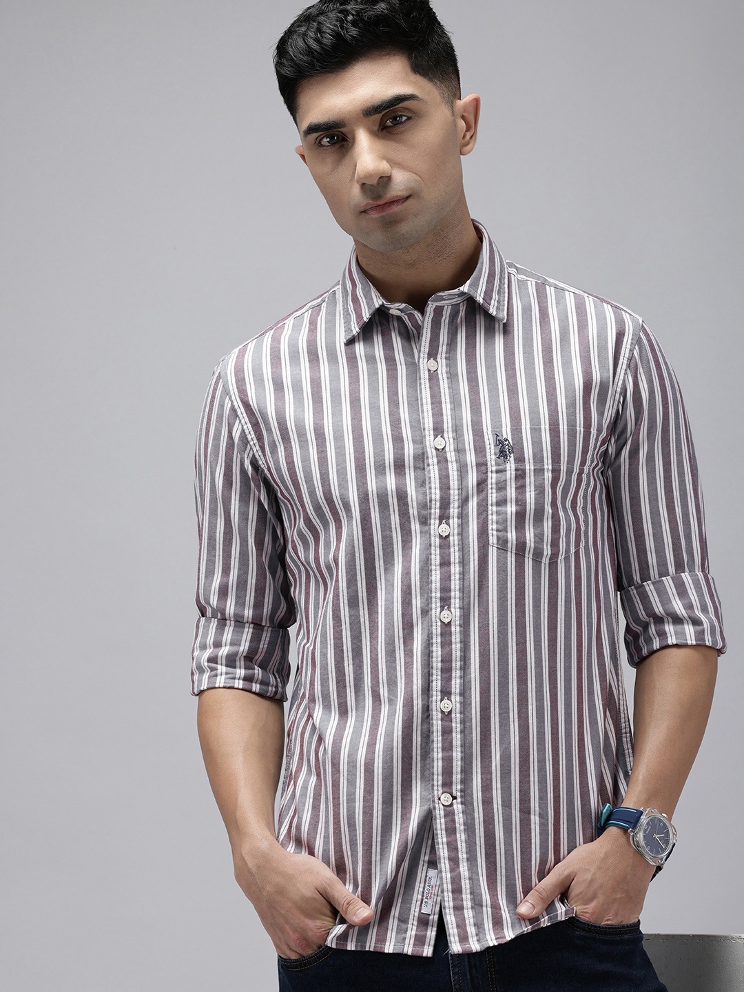 

U.S. Polo Assn. Tailored Fit Striped Pure Cotton Casual Shirt, Grey