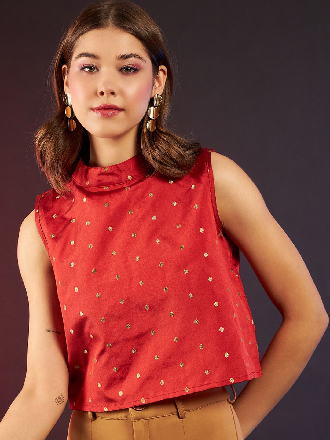 

DressBerry Embellished Ethnic Motifs Crop Tank Top, Maroon