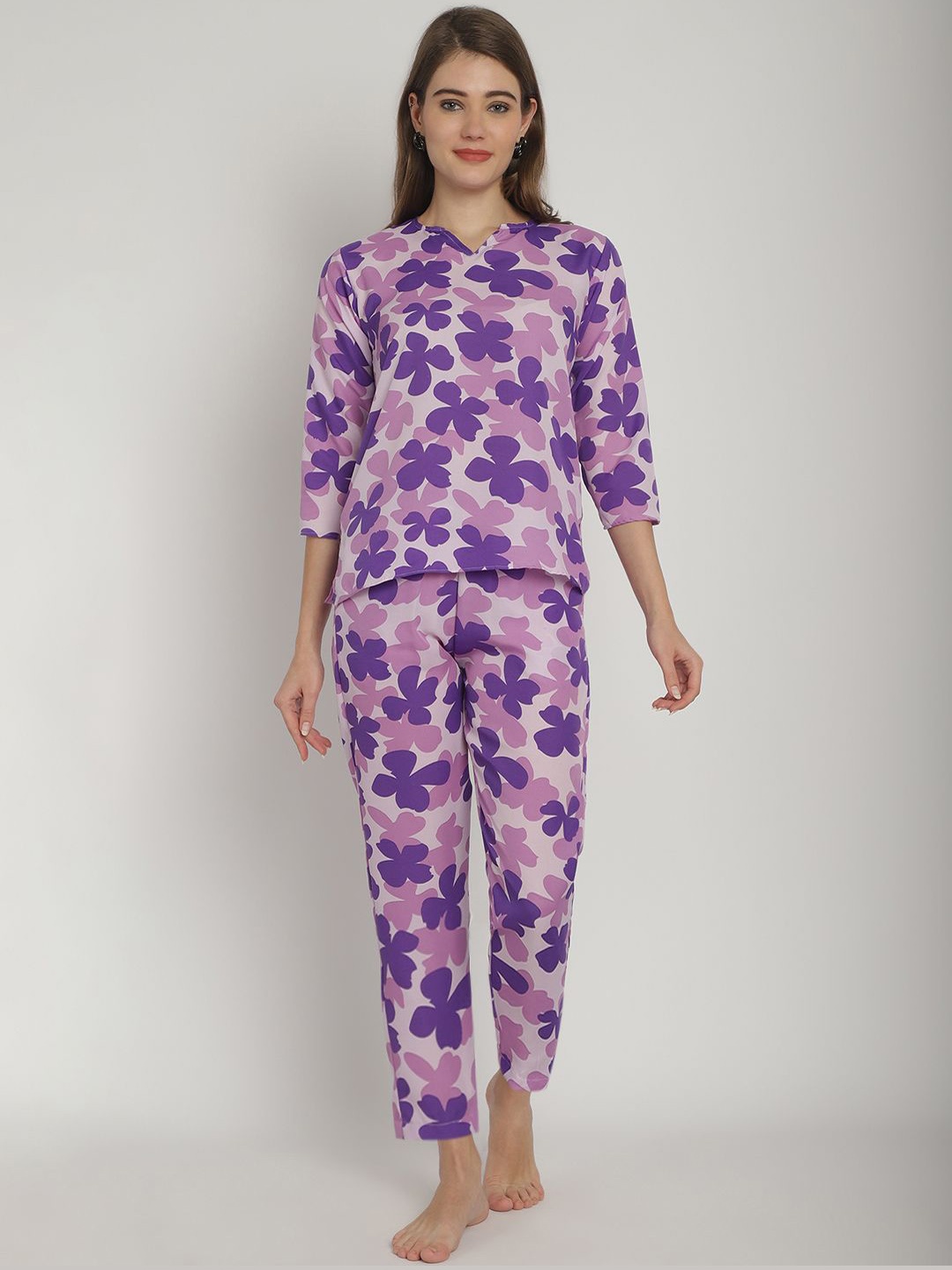 

Blissence Women Printed V-Neck Three-Quarter Sleeves Night suit, Purple