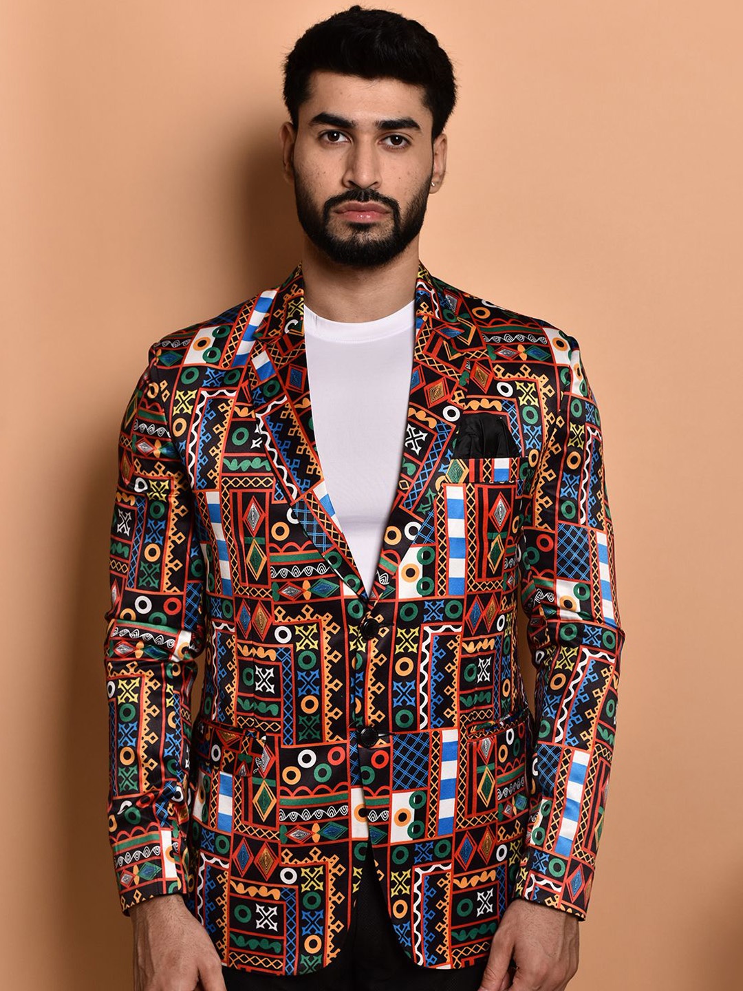 

PRINTINDIA Printed Single Breasted Blazer, Orange