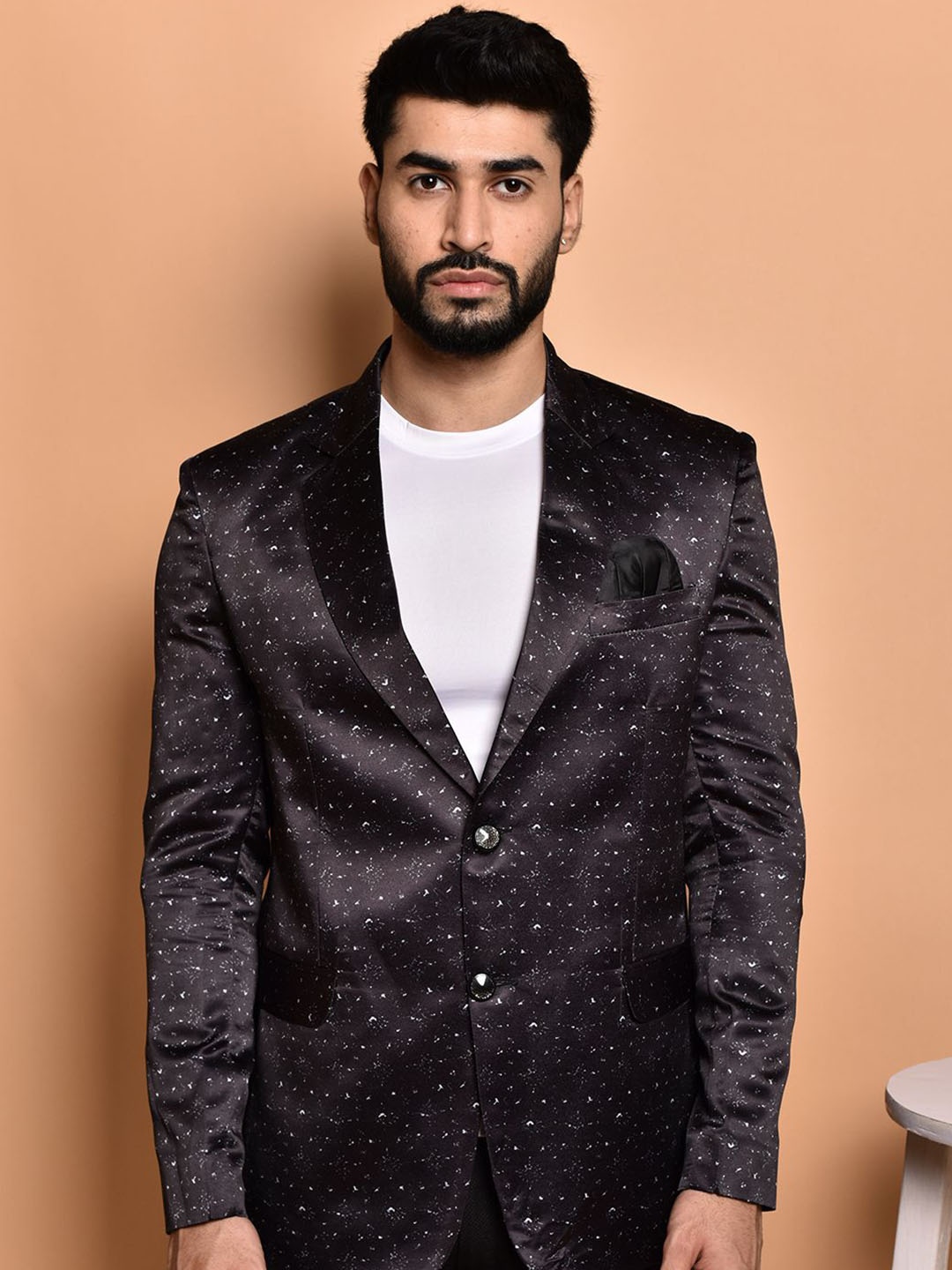 

PRINTINDIA Printed Single-Breasted Blazer, Black