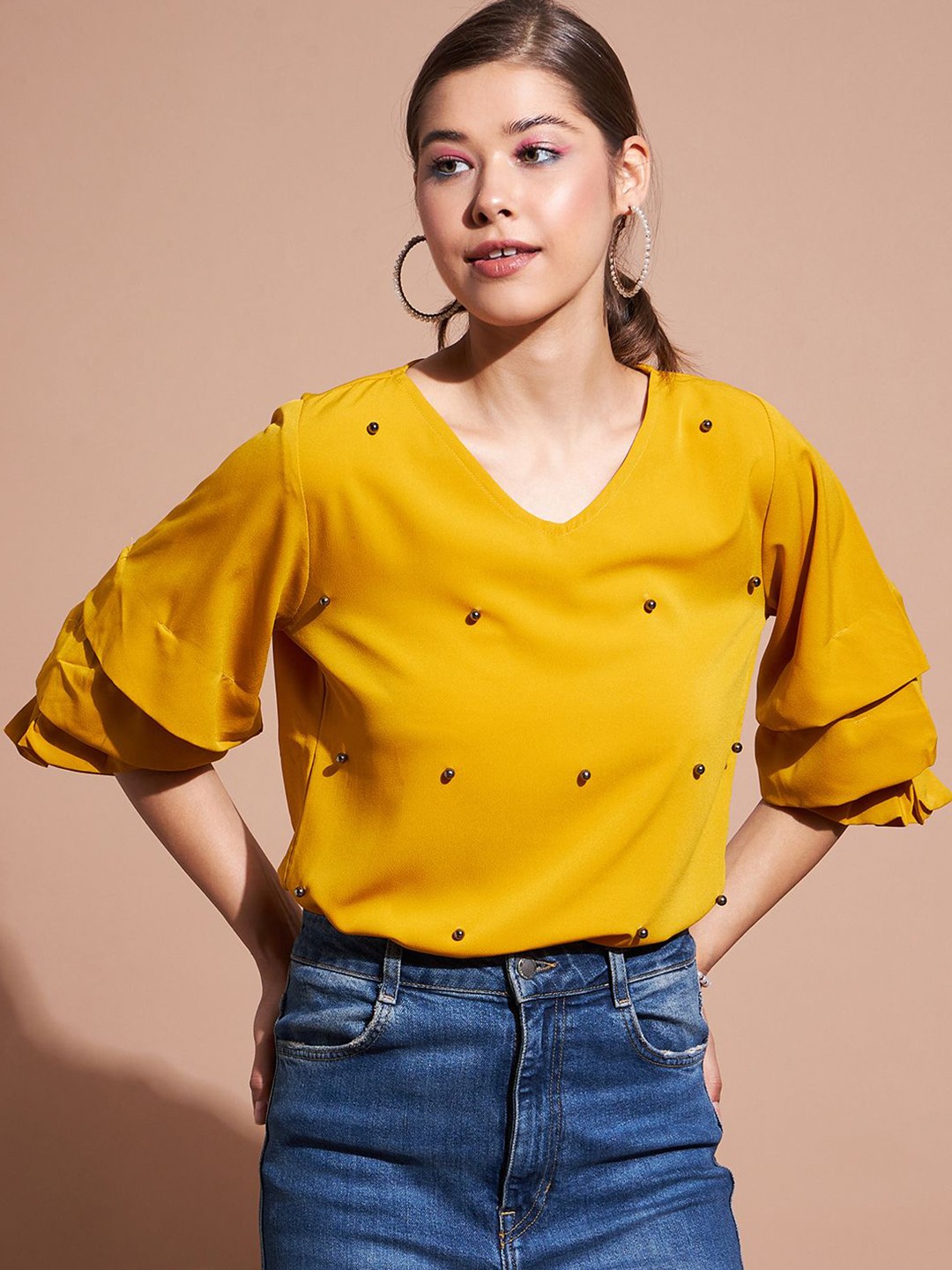 

DressBerry Embellished Flared Sleeve Crepe Crop Top, Yellow