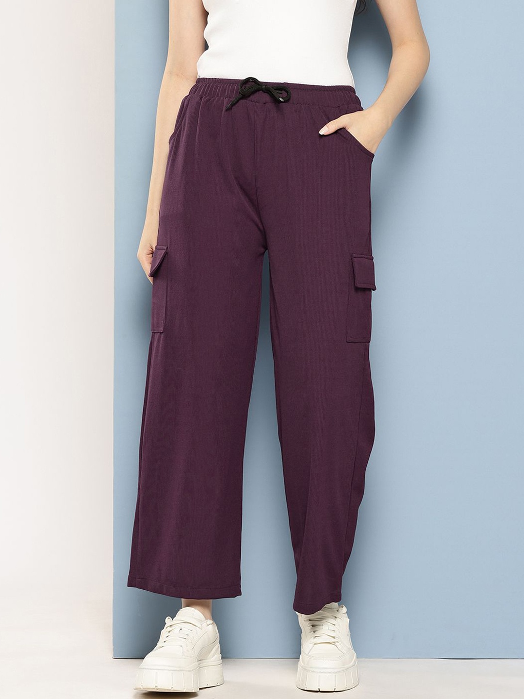 

The Roadster Lifestyle Co Women High-Rise Straight-Fit Cargo Trousers, Burgundy