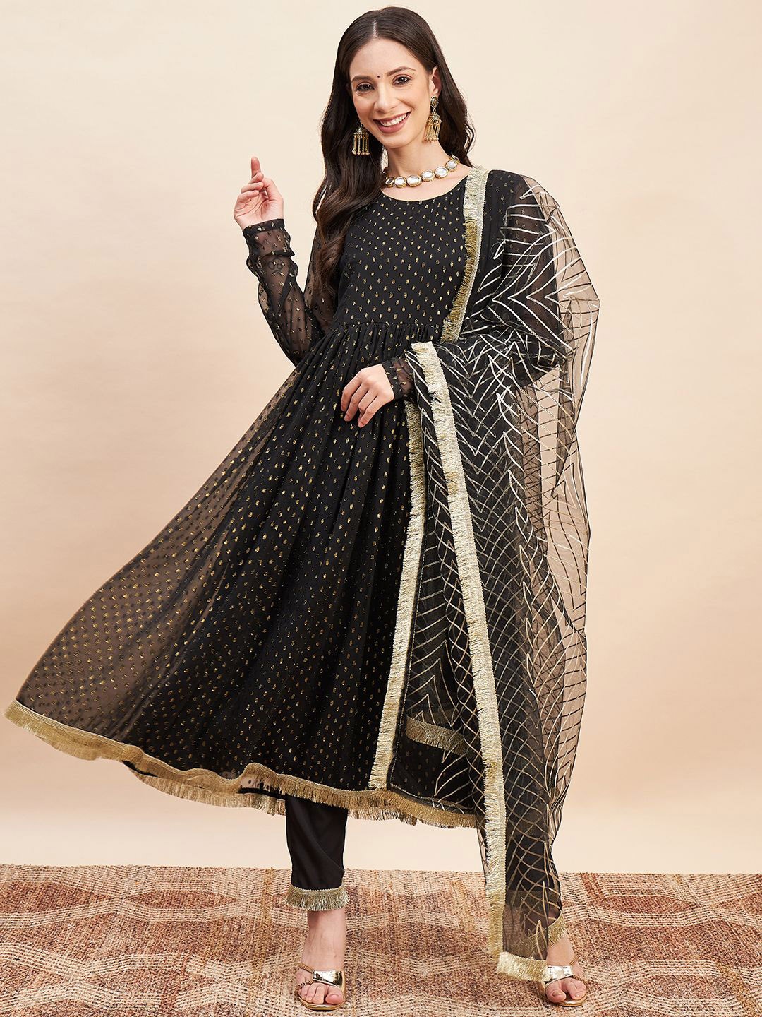 

Fabway Clothing Women Pleated Thread Work Kurta with Trousers & With Dupatta, Black