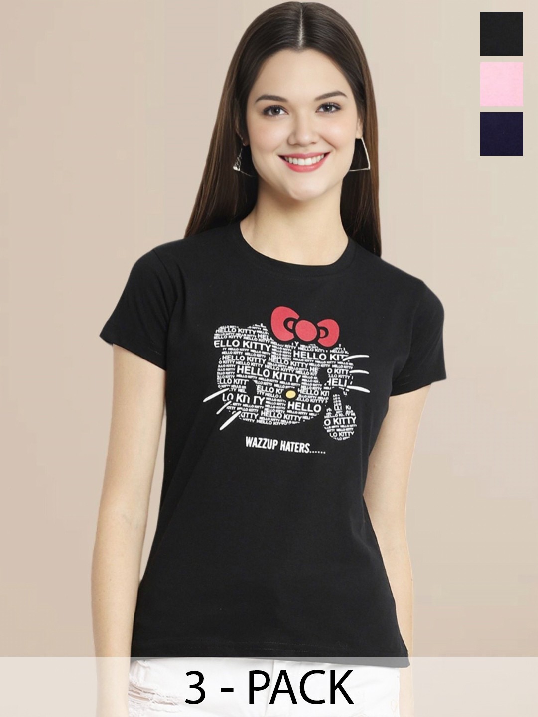 

Metronaut Women Pack Of 3 Typography Printed Round Neck Cotton T-shirts, Black