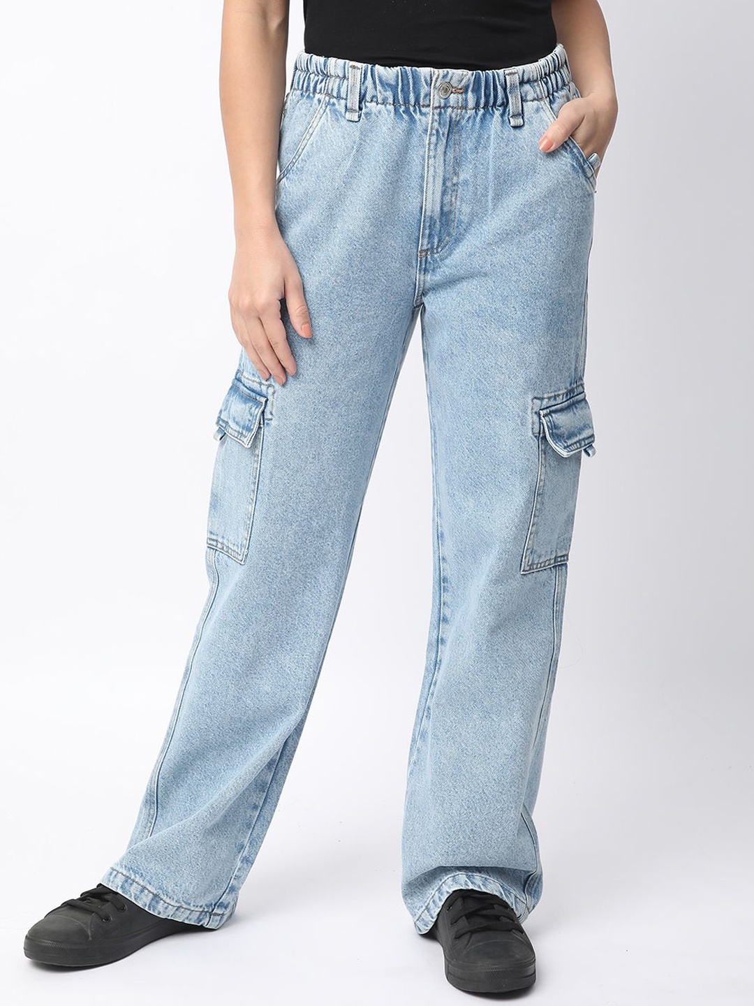 

R&B Women Cotton High-Rise Heavy Fade Cargo Styles Jeans, Blue
