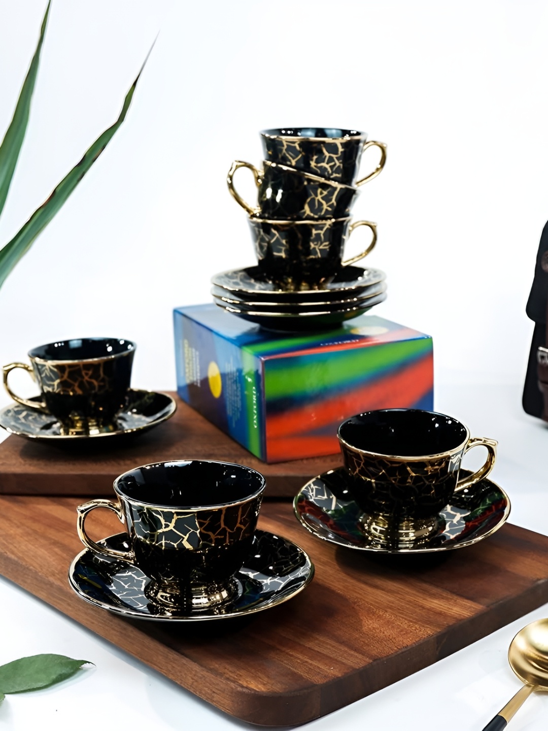 

UPC Set of 6-Premium Ceramic Printed Glossy Cups & Saucers, Black